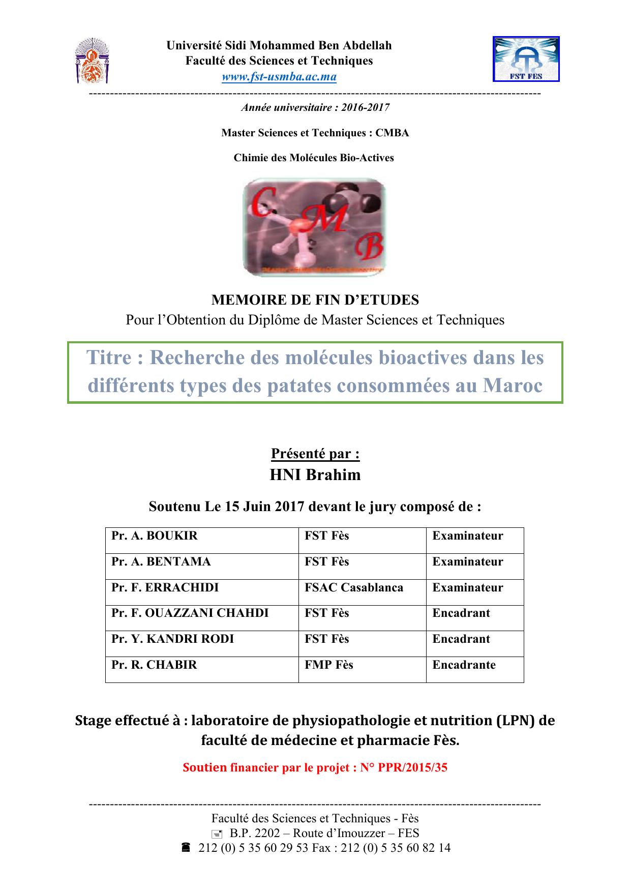 Recherche des molécules bioactives dans les différents types des patates consommées au Maroc