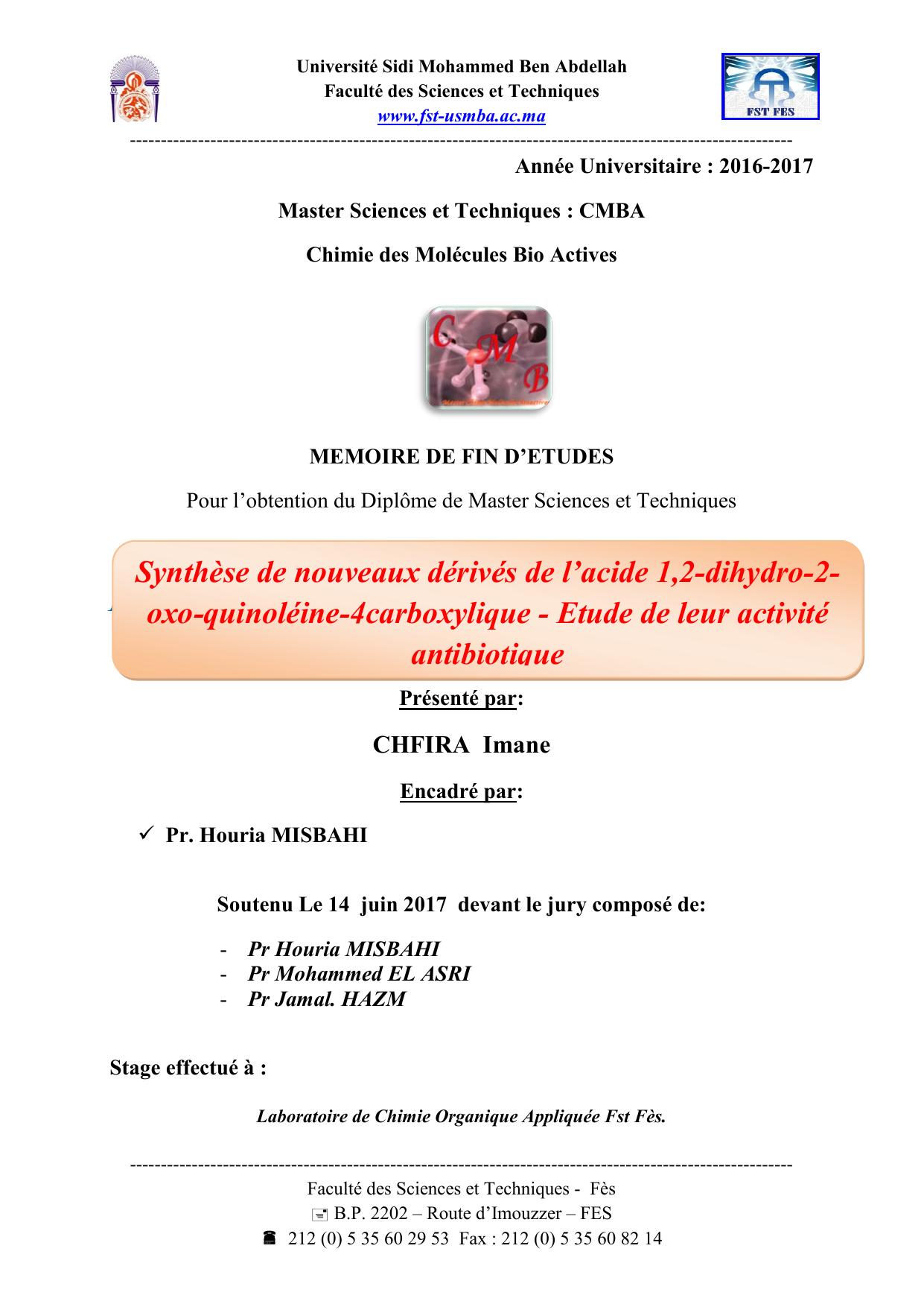 Synthèse de nouveaux dérivés de l’acide 1,2-dihydro-2-oxo-quinoléine-4carboxylique - Etude de leur activité antibiotique