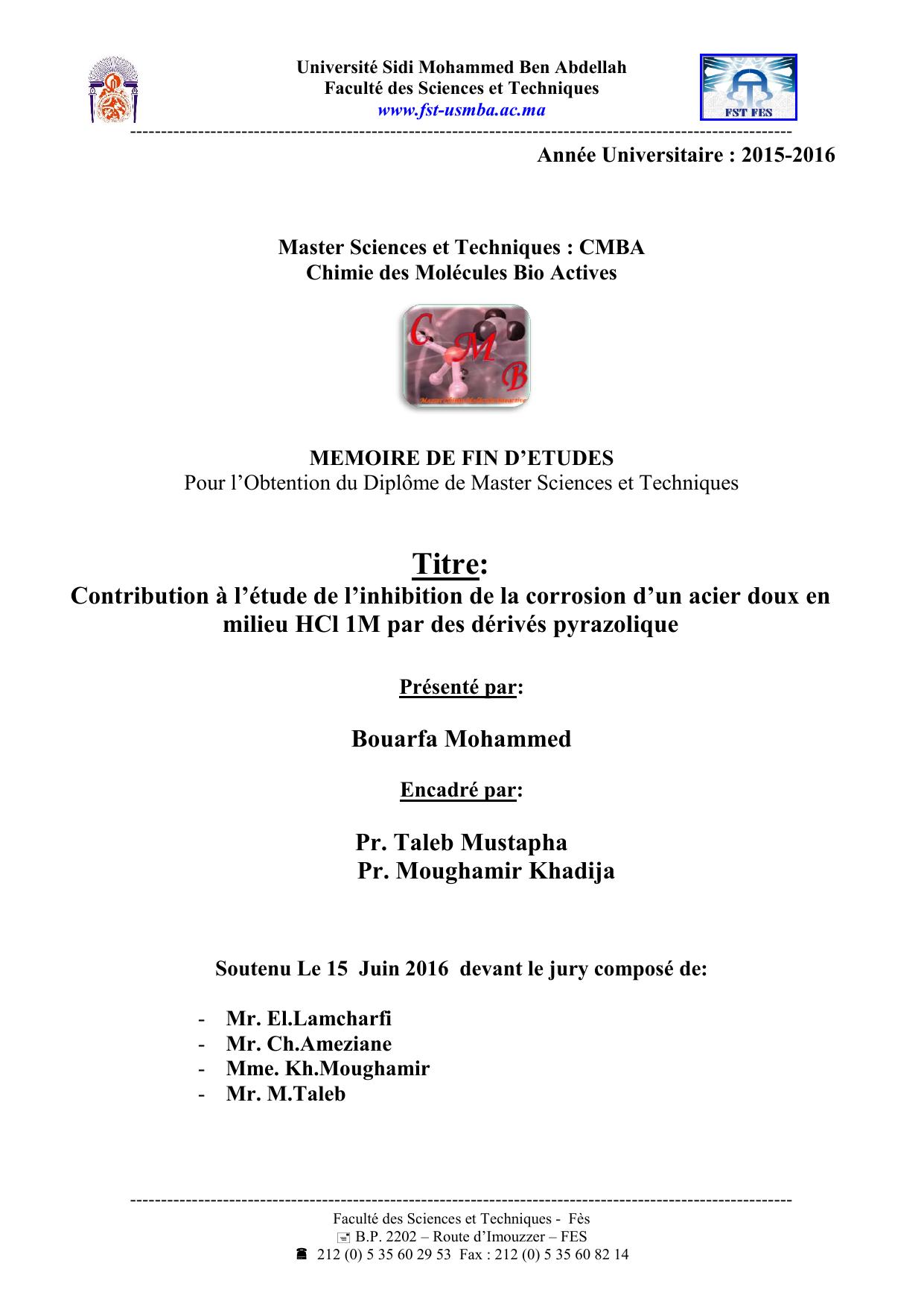 Contribution à l’étude de l’inhibition de la corrosion d’un acier doux en milieu HCl 1M par des dérivés pyrazolique