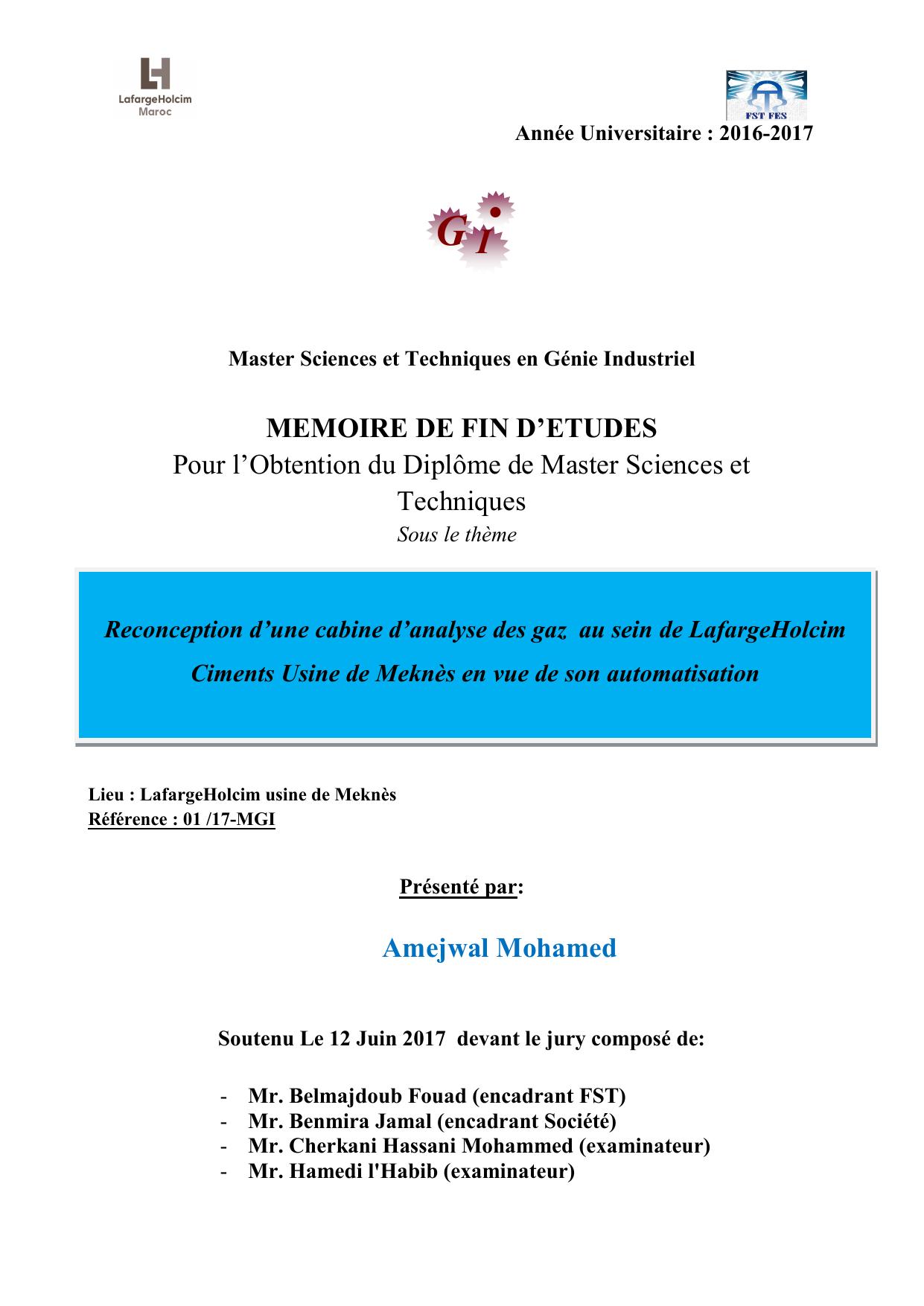 Reconception d’une cabine d’analyse des gaz au sein de LafargeHolcim Ciments Usine de Meknès en vue de son automatisation