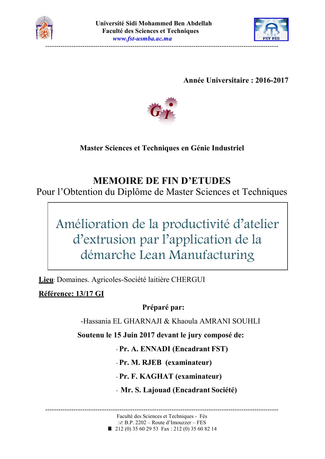 Amélioration de la productivité d’atelier d’extrusion par l’application de la démarche Lean Manufacturing