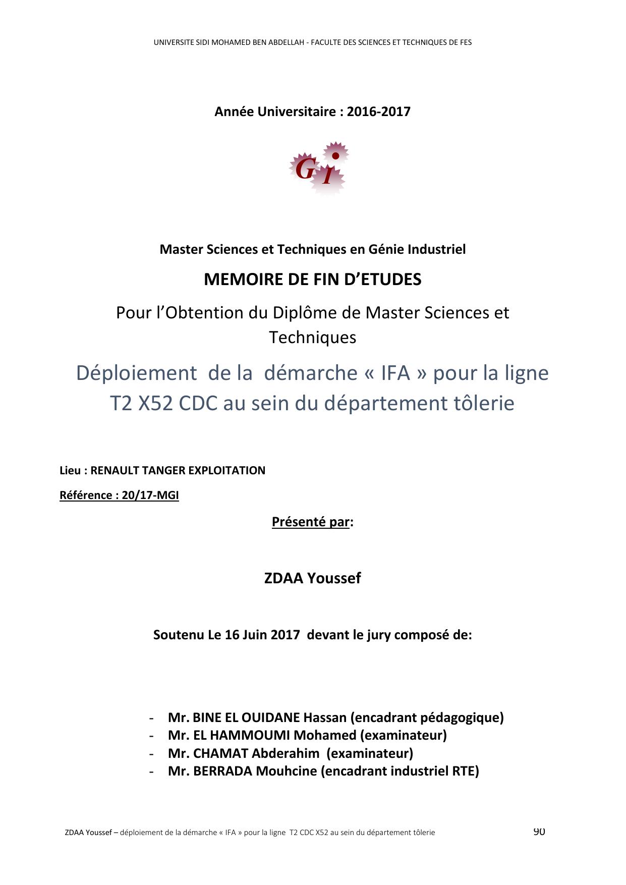 Déploiement de la démarche « IFA » pour la ligne T2 X52 CDC au sein du département tôlerie