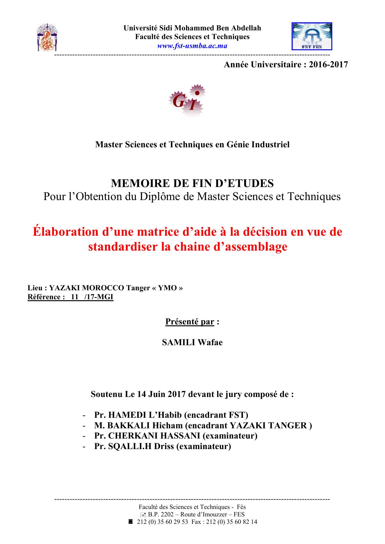 Élaboration d’une matrice d’aide à la décision en vue de standardiser la chaine d’assemblage