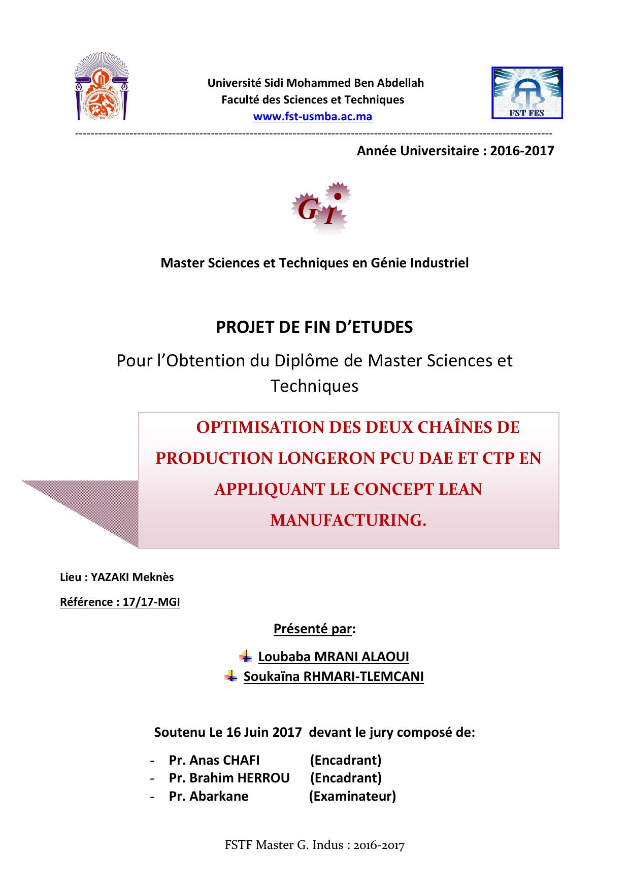 Optimisation des deux chaines de production Longron PCU DAE et CTP en appliquant le concept Lean Manufaturing