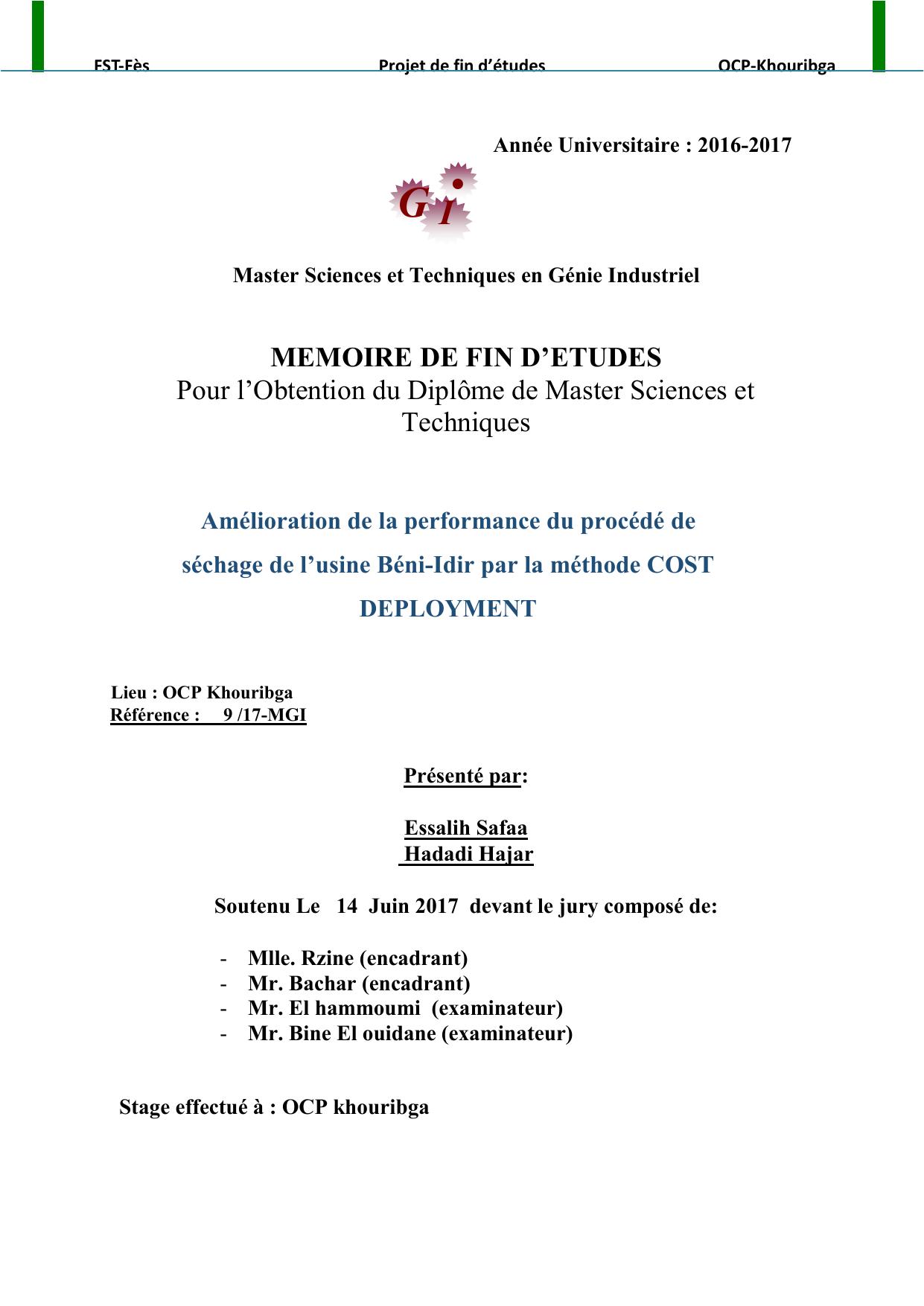 Amélioration de la performance du procédé de séchage de l’usine Béni-Idir par la méthode COST DEPLOYMENT