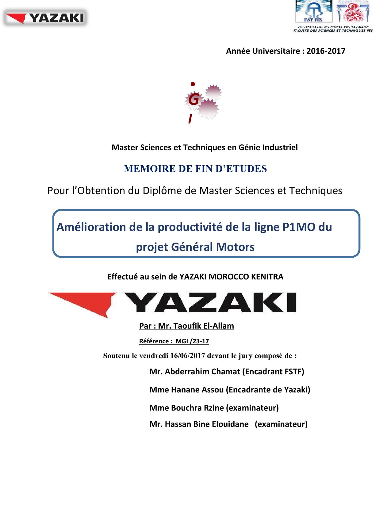 Amélioration de la productivité de la ligne P1MO du projet Général Motors