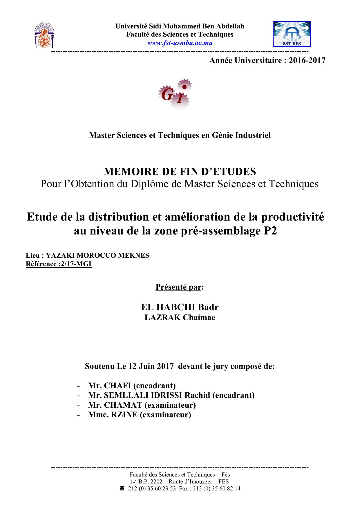 Etude de la distribution et amélioration de la productivité au niveau de la zone pré-assemblage P2