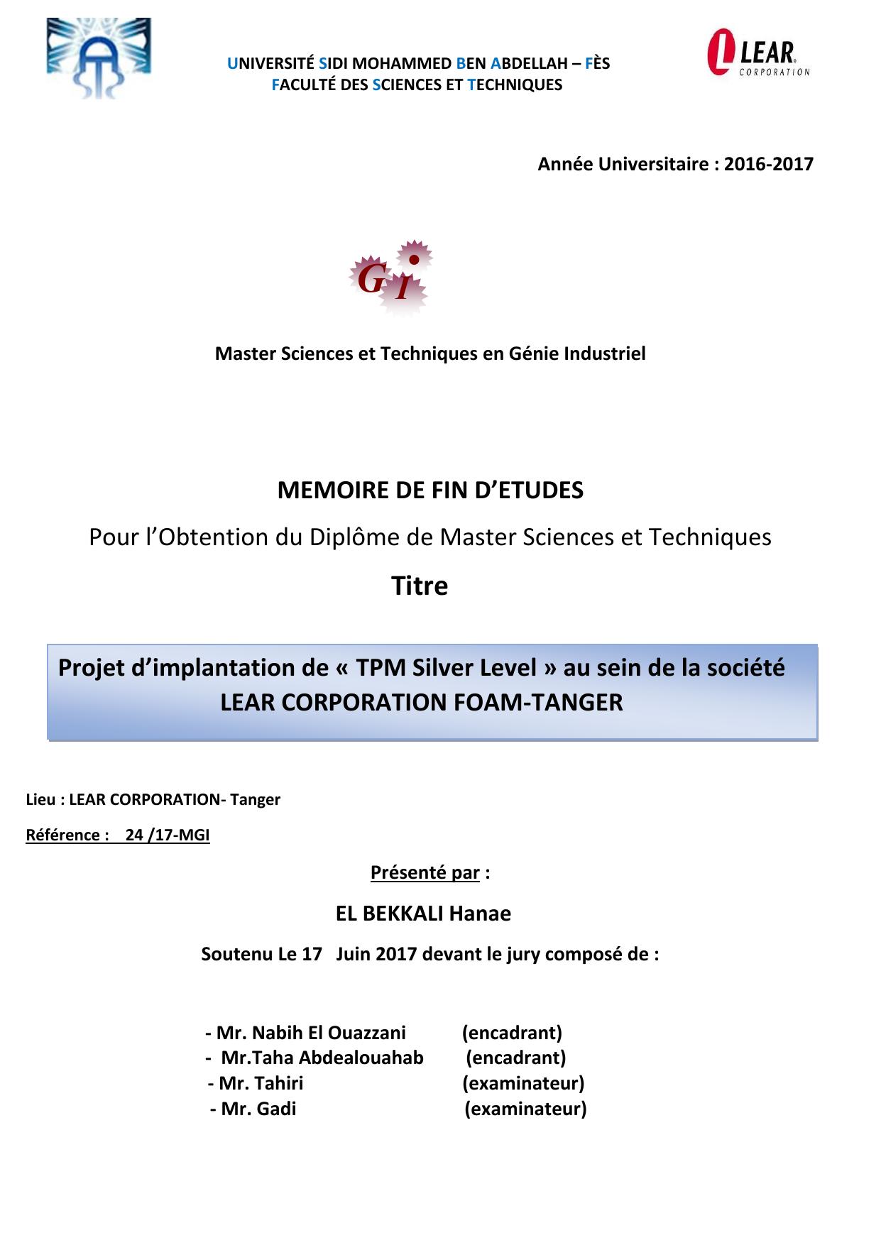 Projet d’implantation de « TPM Silver Level » au sein de la société LEAR CORPORATION FOAM-TANGER