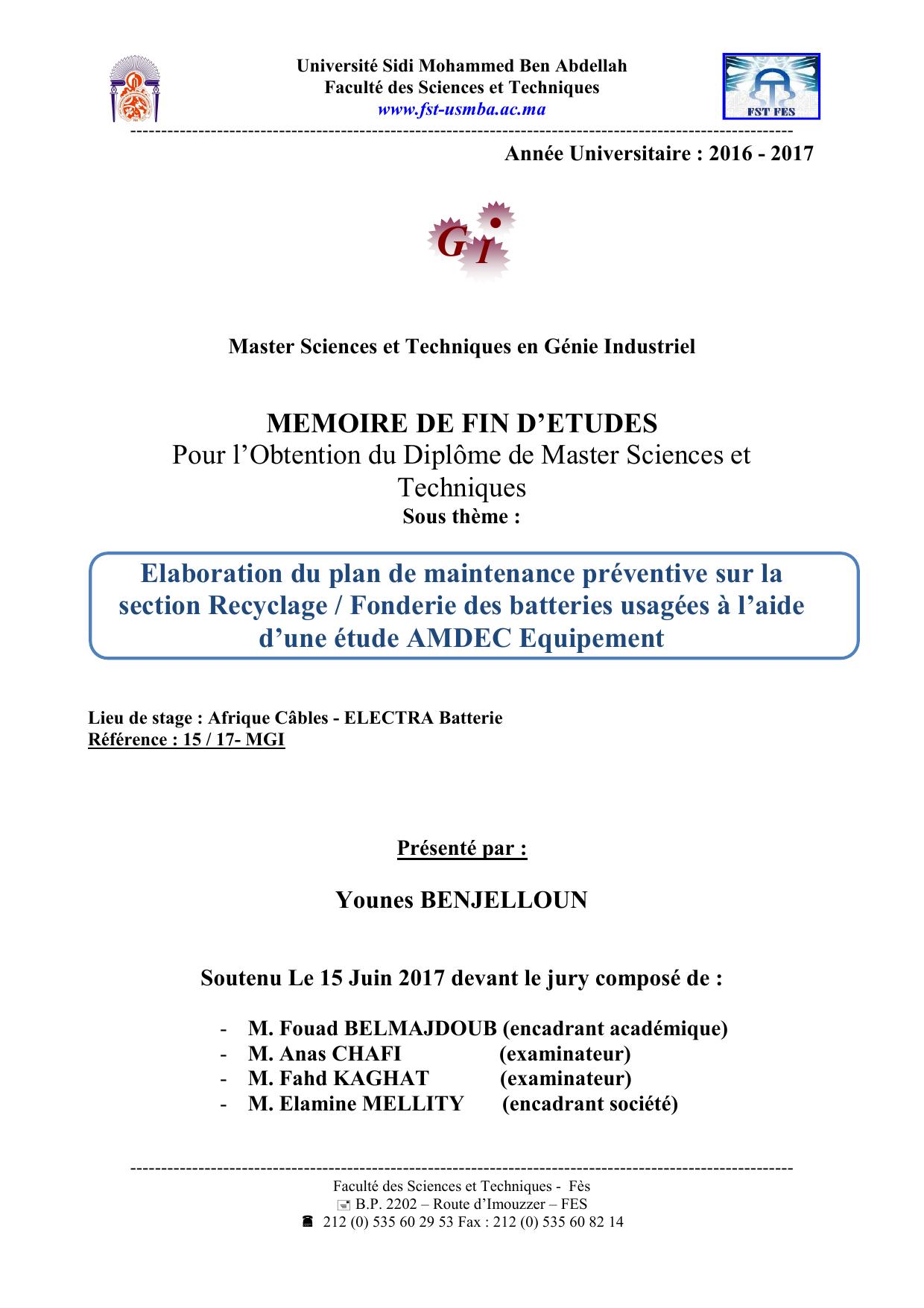 Elaboration du plan de maintenance préventive sur la section Recyclage / Fonderie des batteries usagées à l’aide d’une étude AMDEC Equipement