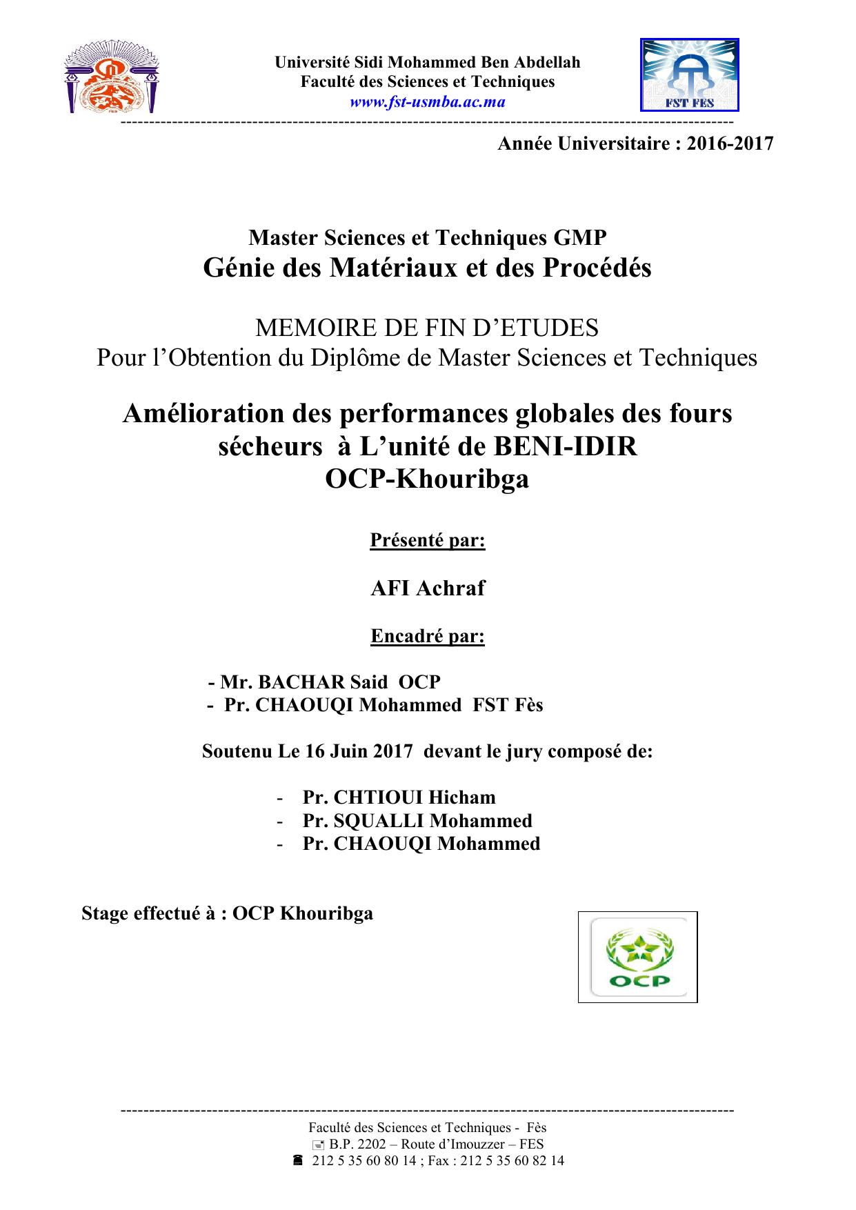 Amélioration des performances globales des fours sécheurs à L’unité de BENI-IDIR OCP-Khouribga