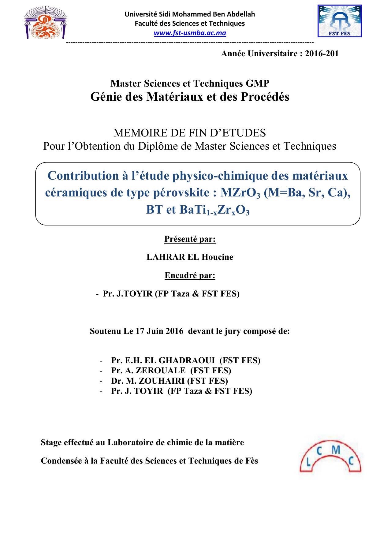 Contribution à l’étude physico-chimique des matériaux céramiques de type pérovskite : MZrO3 (M=Ba, Sr, Ca), BT et BaTi1-xZrxO3