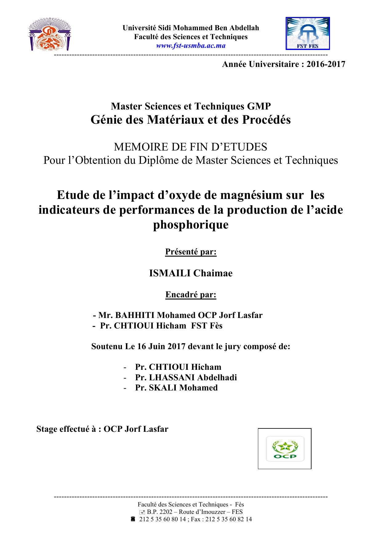 Etude de l’impact d’oxyde de magnésium sur les indicateurs de performances de la production de l’acide phosphorique