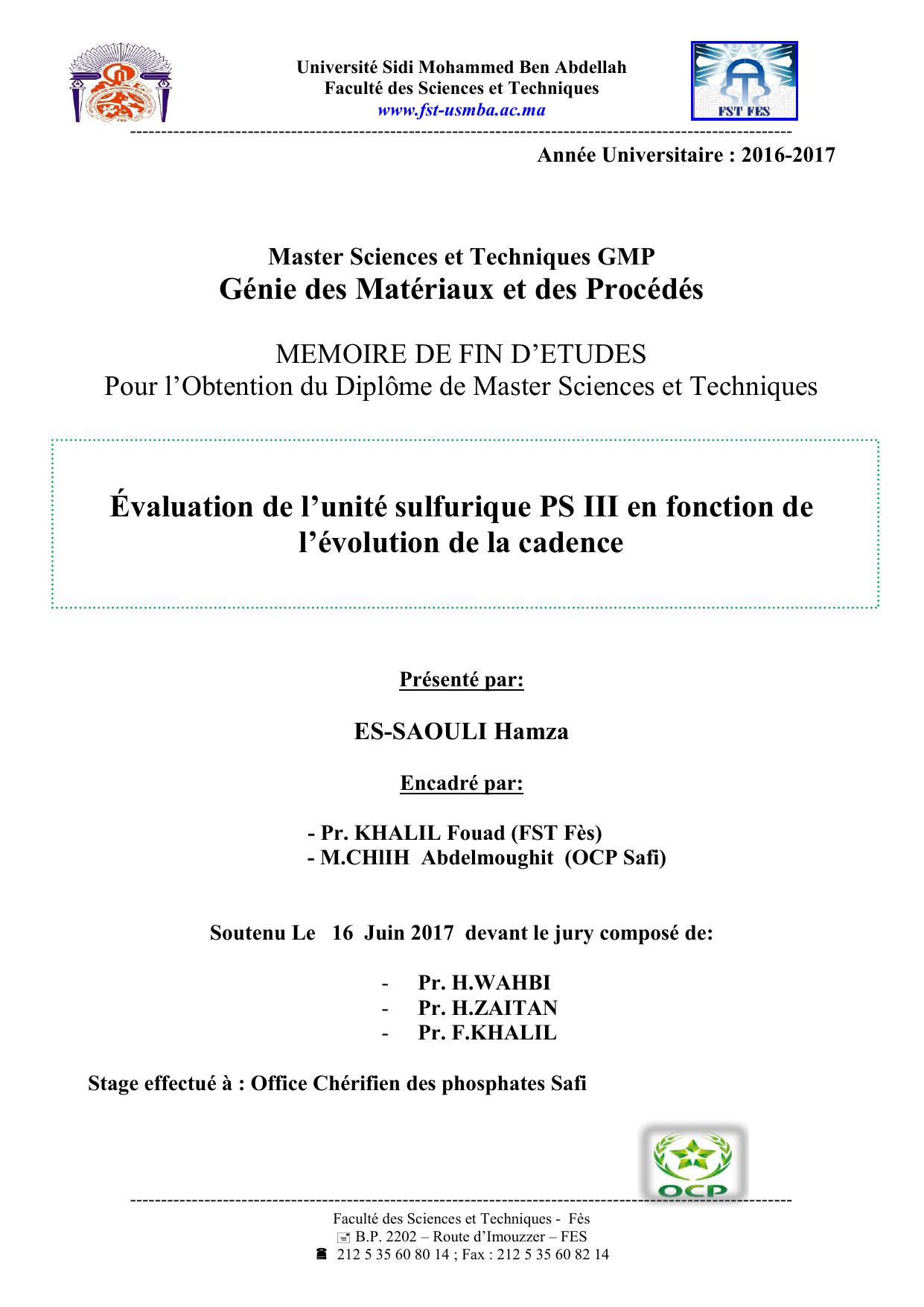 Évaluation de l’unité sulfurique PS III en fonction de l’évolution de la cadence