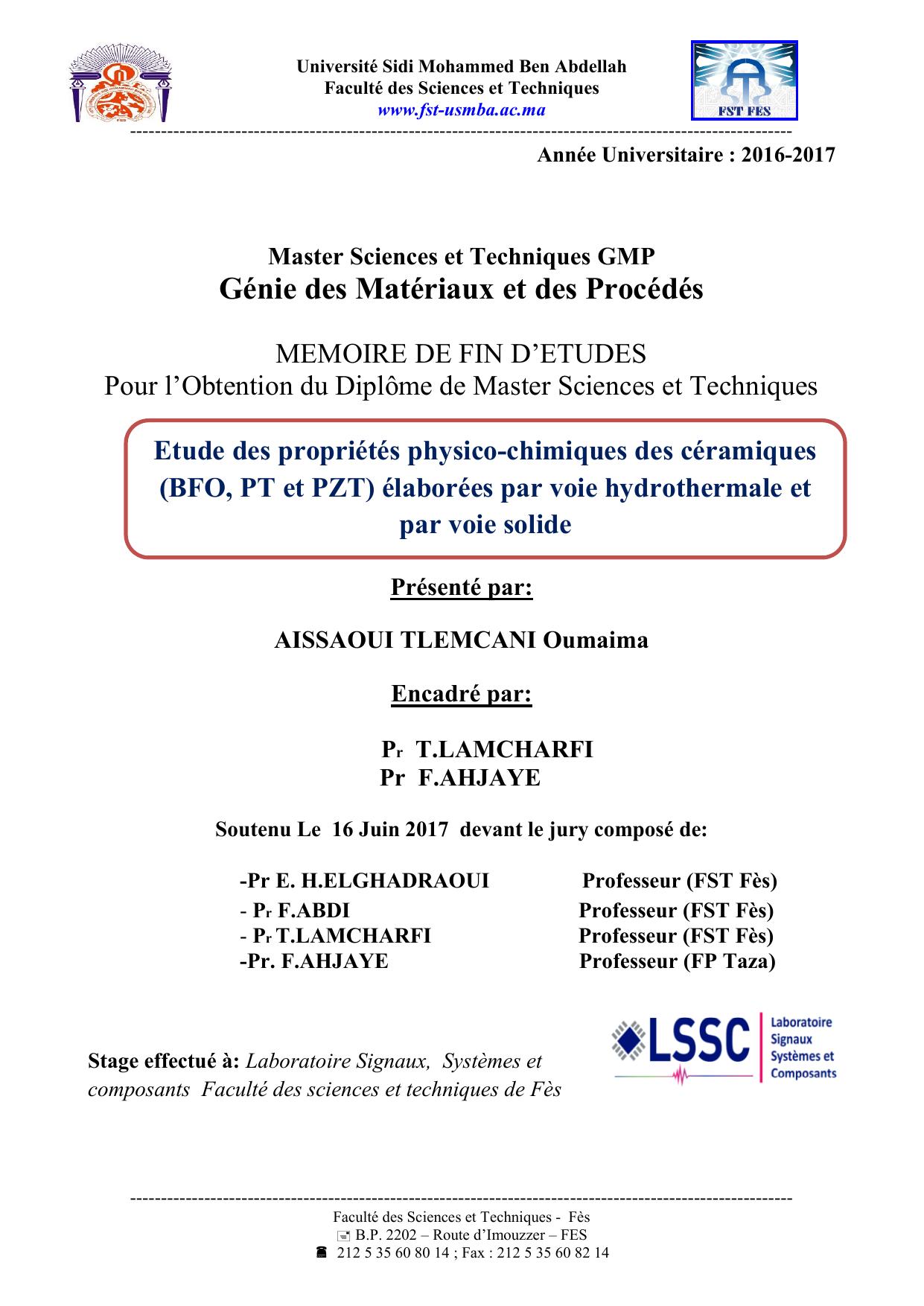 Etude des propriétés physico-chimiques des céramiques (BFO, PT et PZT) élaborées par voie hydrothermale et par voie solide