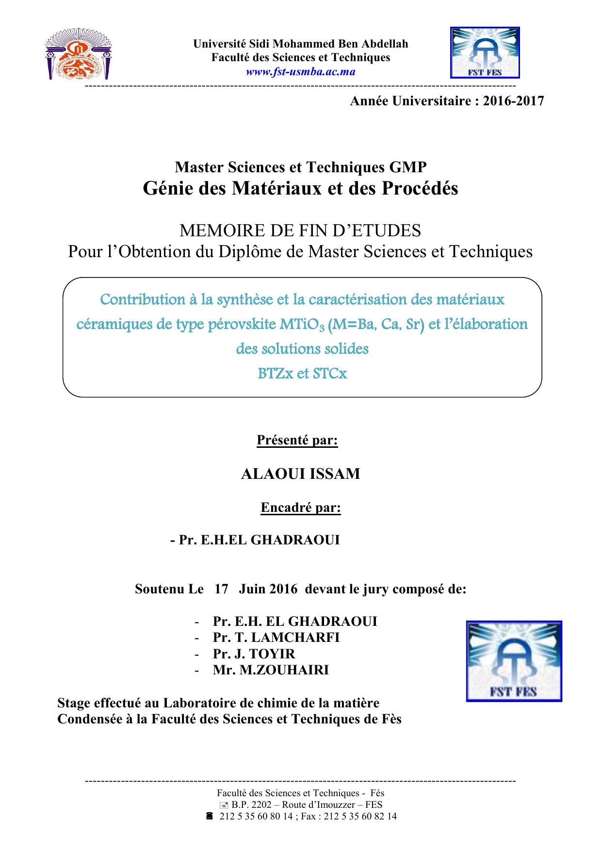 Contribution à la synthèse et la caractérisation des matériaux céramiques de type pérovskite MTiO3 (M=Ba, Ca, Sr) et l’élaboration des solutions solides BTZx et STCx