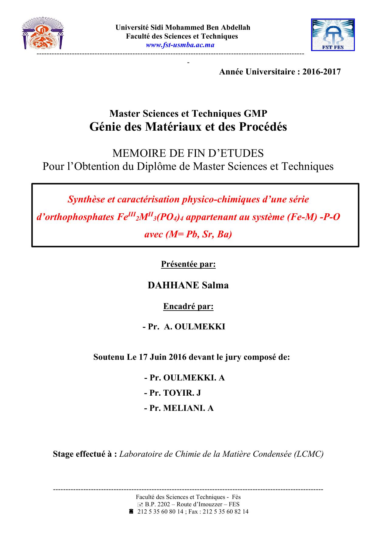 Synthèse et caractérisation physico-chimiques d’une série d’orthophosphates FeIII 2MII 3(PO4)4 appartenant au système (Fe-M) -P-O avec (M= Pb, Sr, Ba)