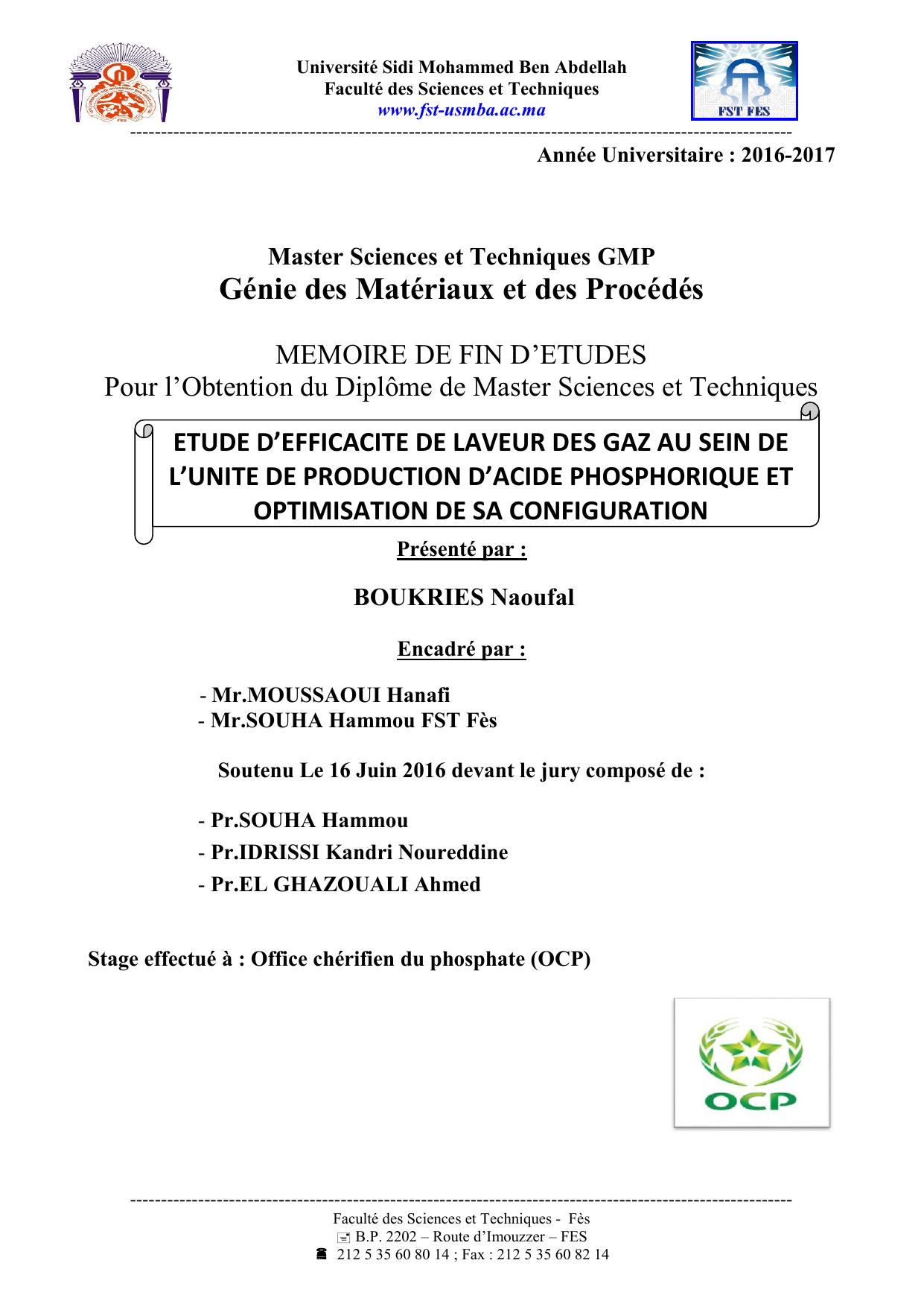 Etude d’efficacité de laveur des gaz des gaz au sein de l’unité de production d’acide phosphorique et optimisation de sa configuration