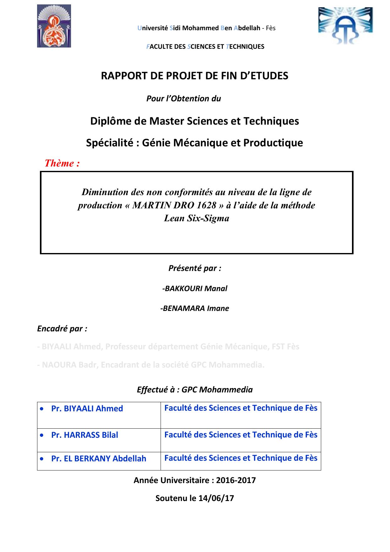 Diminution des non conformités au niveau de la ligne de production « MARTIN DRO 1628 » à l’aide de la méthode Lean Six-Sigma