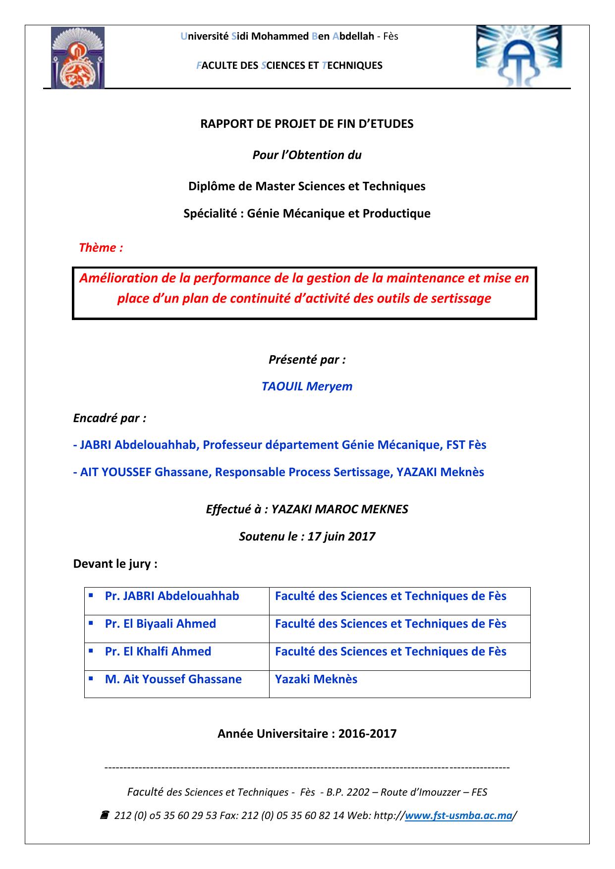 Amélioration de la performance de la gestion de la maintenance et mise en place d’un plan de continuité d’activité des outils de sertissage