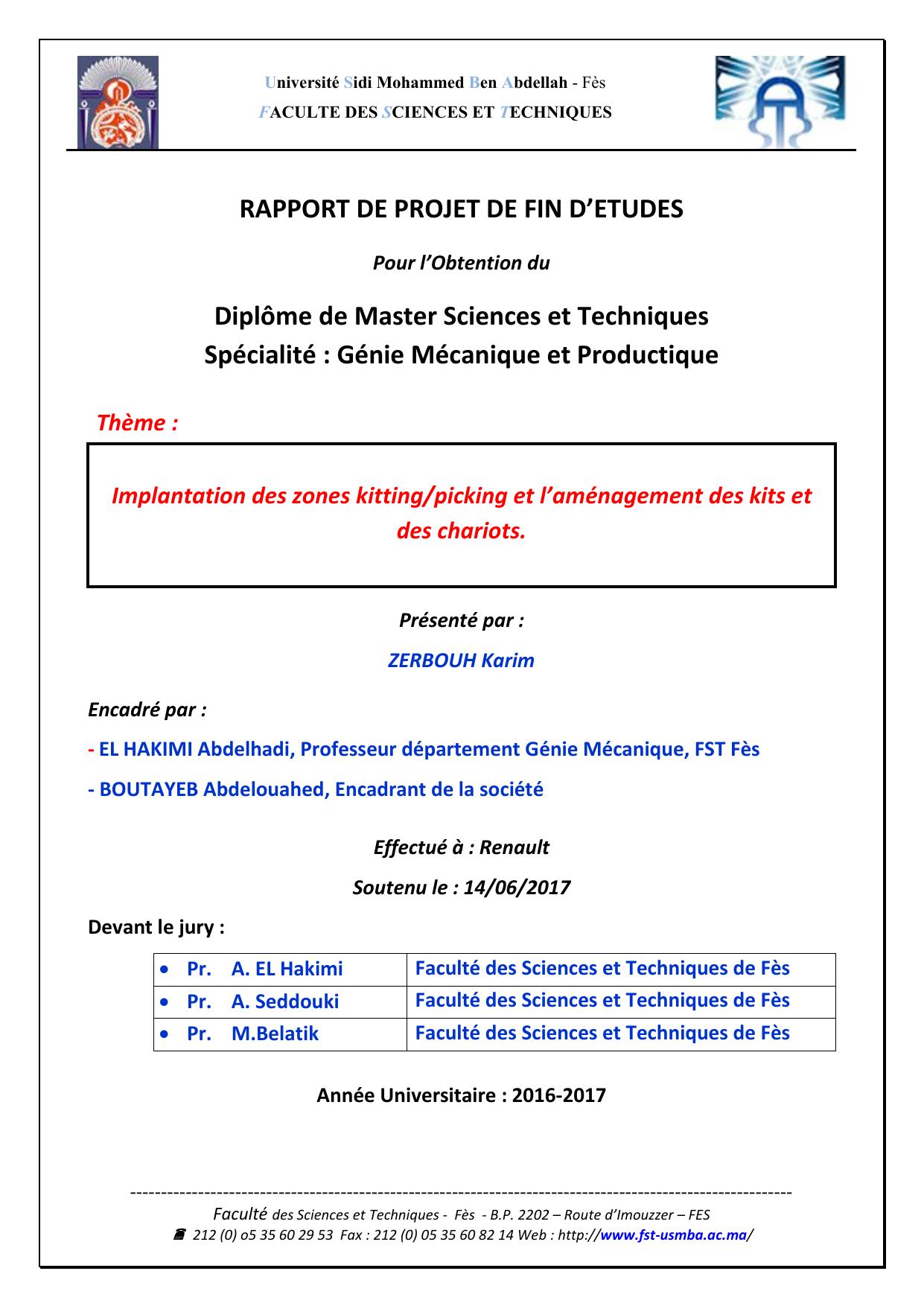 Implantation des zones kitting/picking et l’aménagement des kits et des chariots