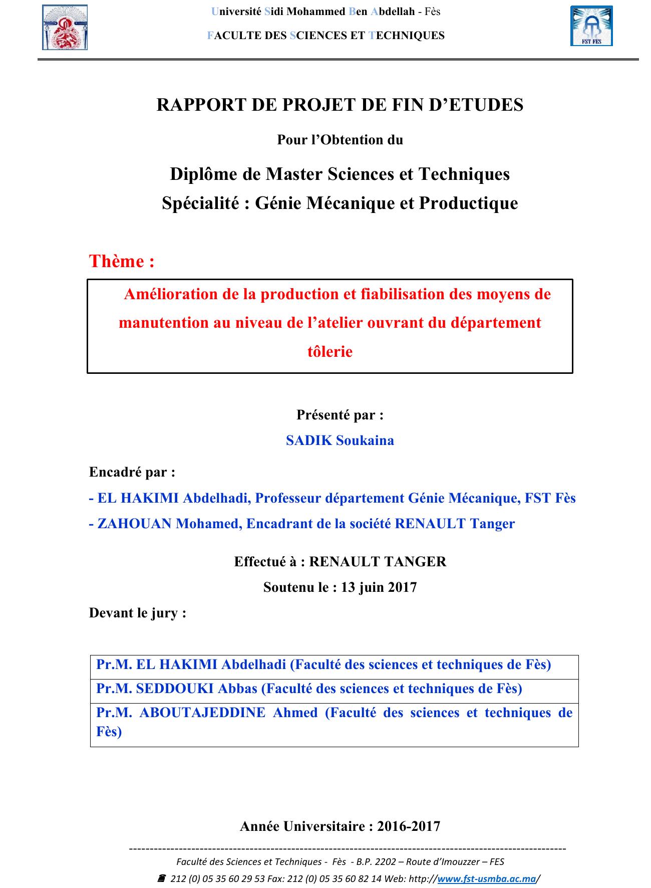 Amélioration de la production et fiabilisation des moyens de manutention au niveau de l’atelier ouvrant du département tôlerie