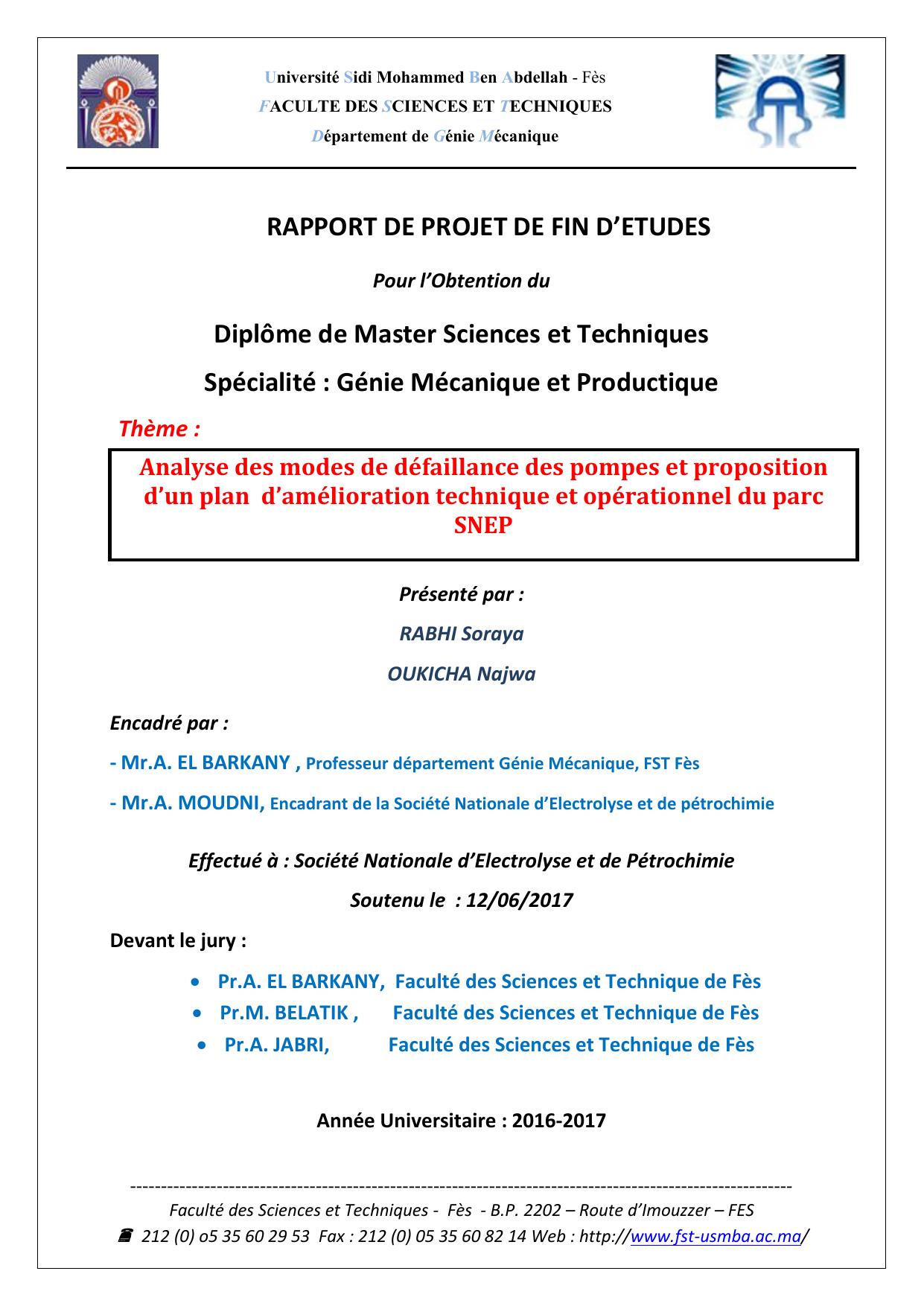 Analyse des modes de défaillance des pompes et proposition d’un plan d’amélioration technique et opérationnel du parc SNEP