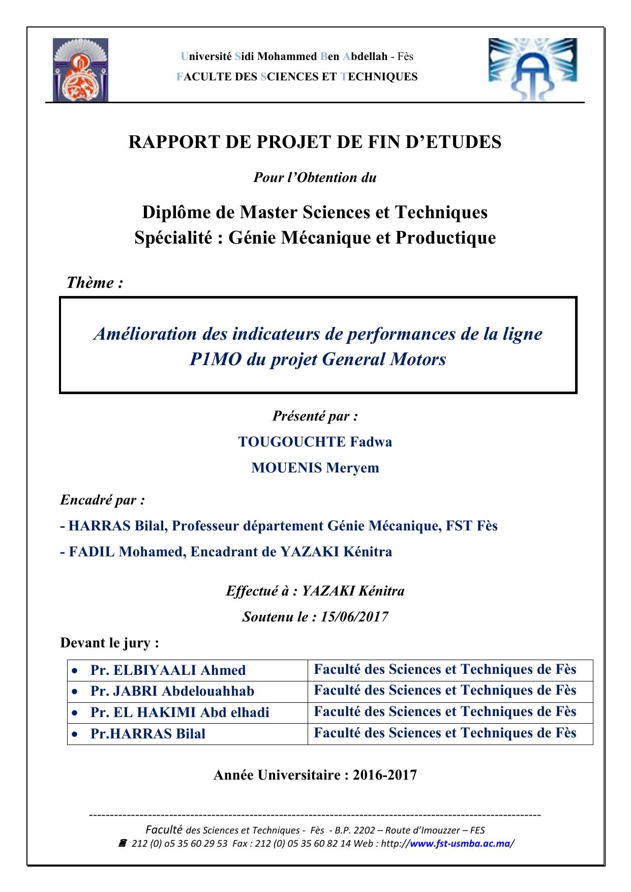 Amélioration des indicateurs de performances de la ligne P1MO du projet General Motors