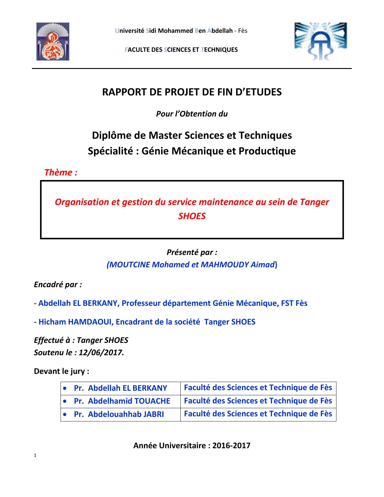 Organisation et gestion du service maintenance au sein de Tanger SHOES