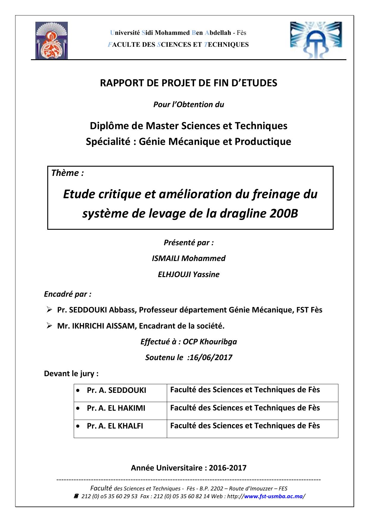 Etude critique et amélioration du freinage du système de levage de la dragline 200B