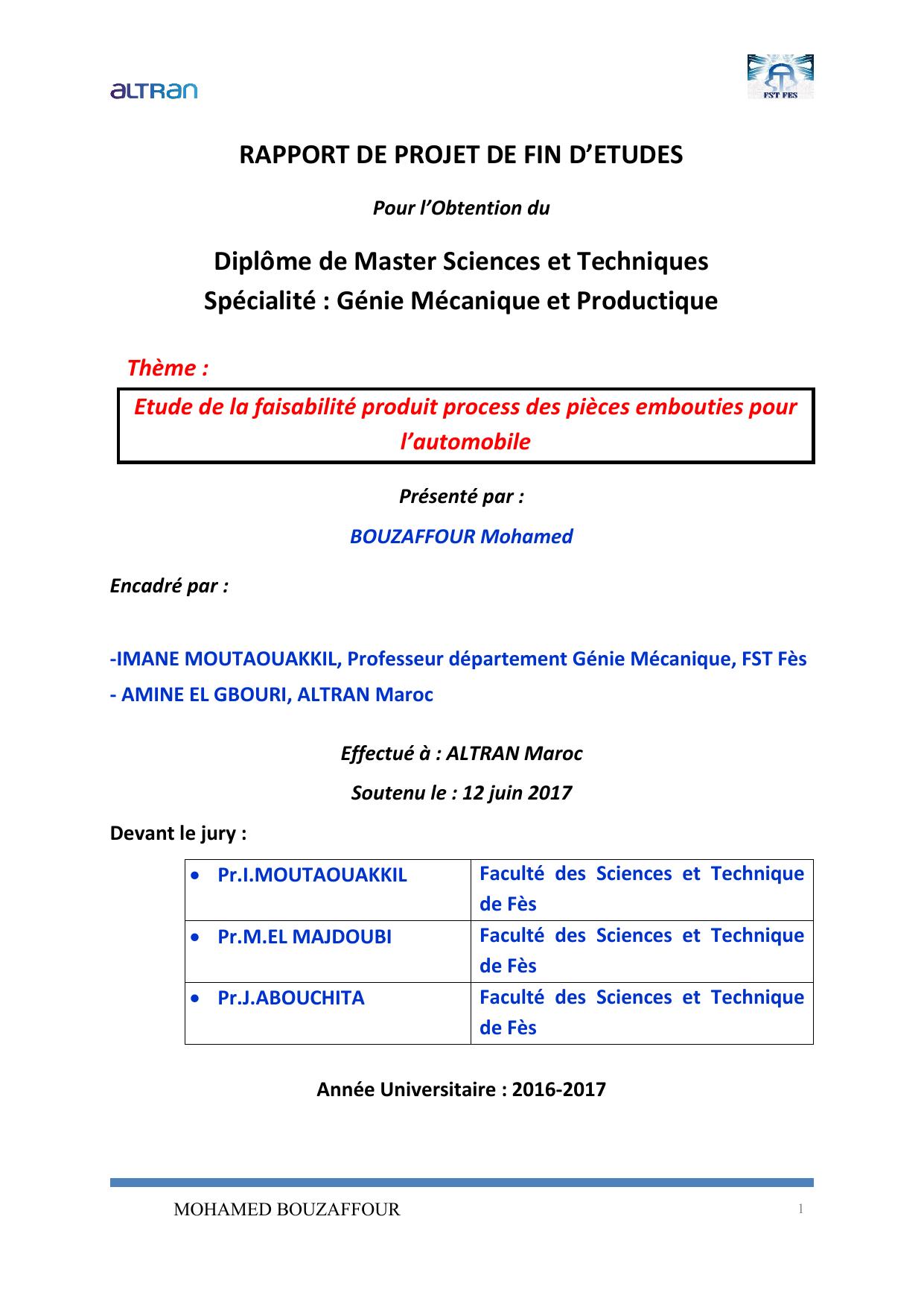 Etude de la faisabilité produit process des pièces embouties pour l’automobile