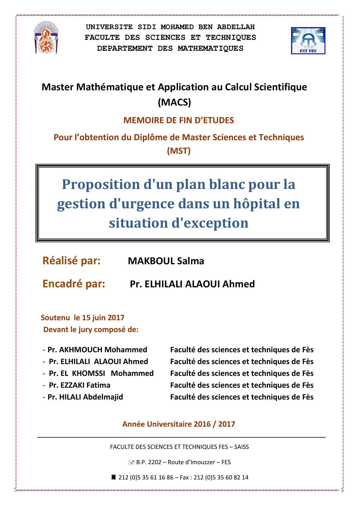 Proposition d'un plan blanc pour la gestion d'urgence dans un hôpital en situation d'exception