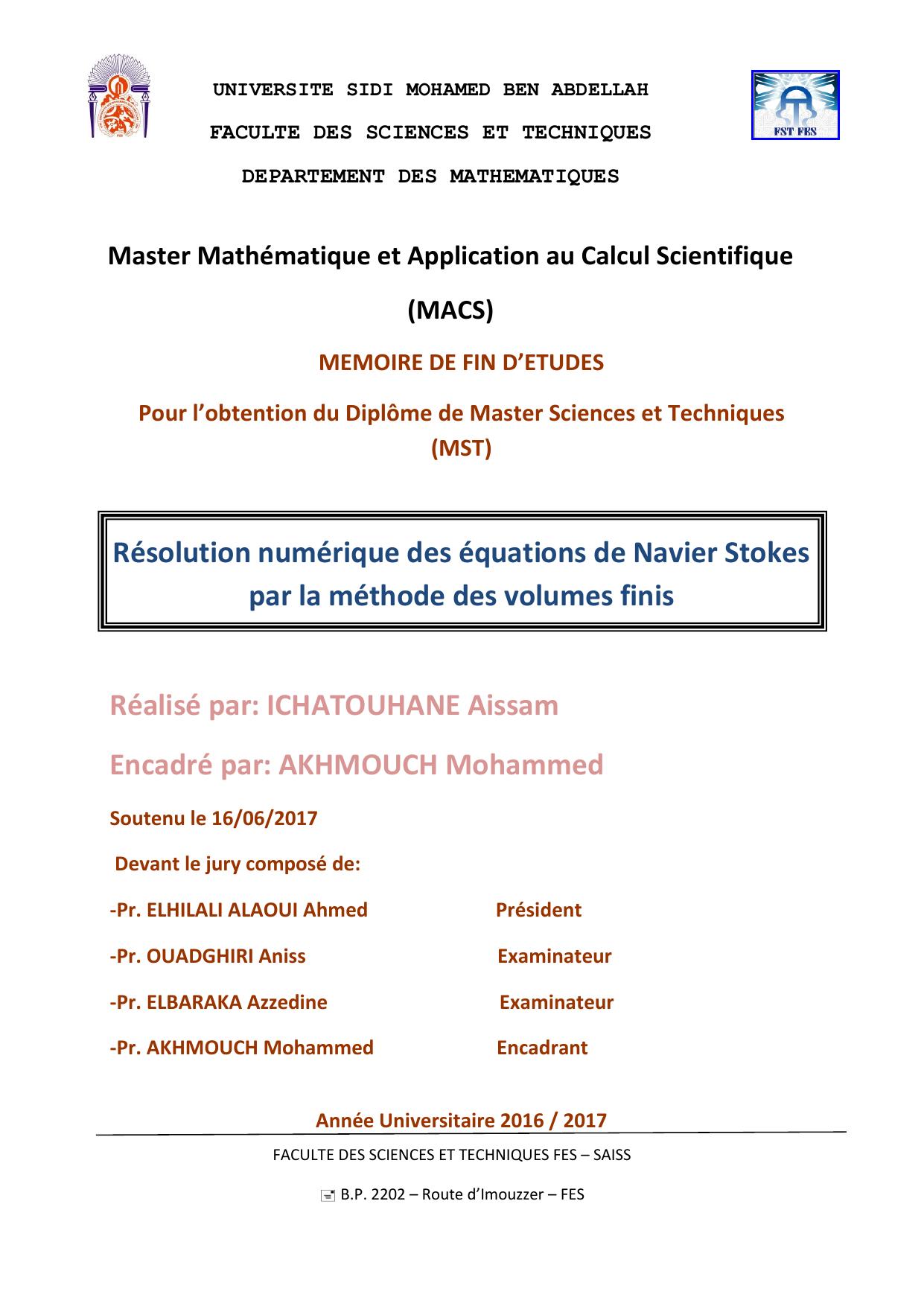 Résolution numérique des équations de Navier Stokes par la méthode des volumes finis