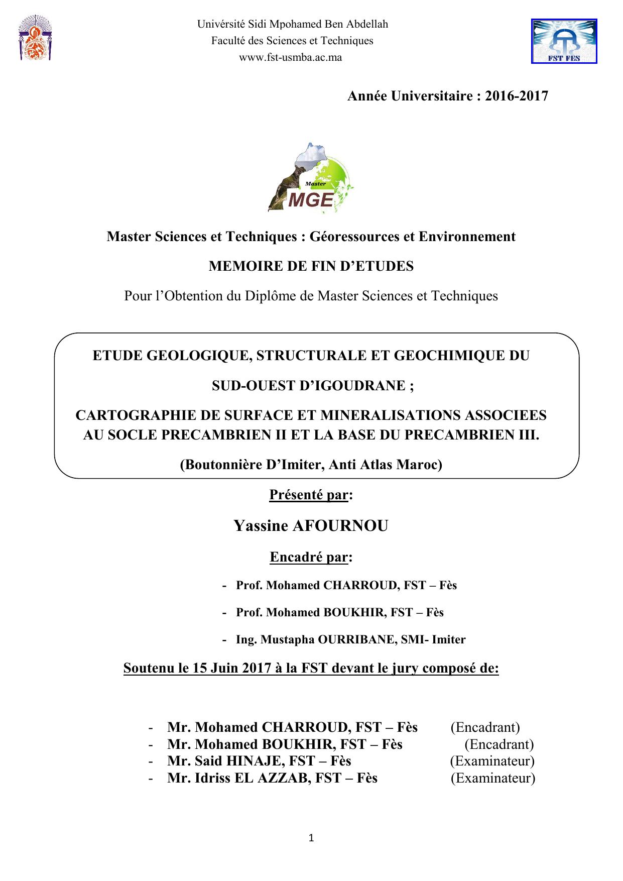 Etude géologique, structutrale et géochimique du Sud-Ouest d'Igoudrane