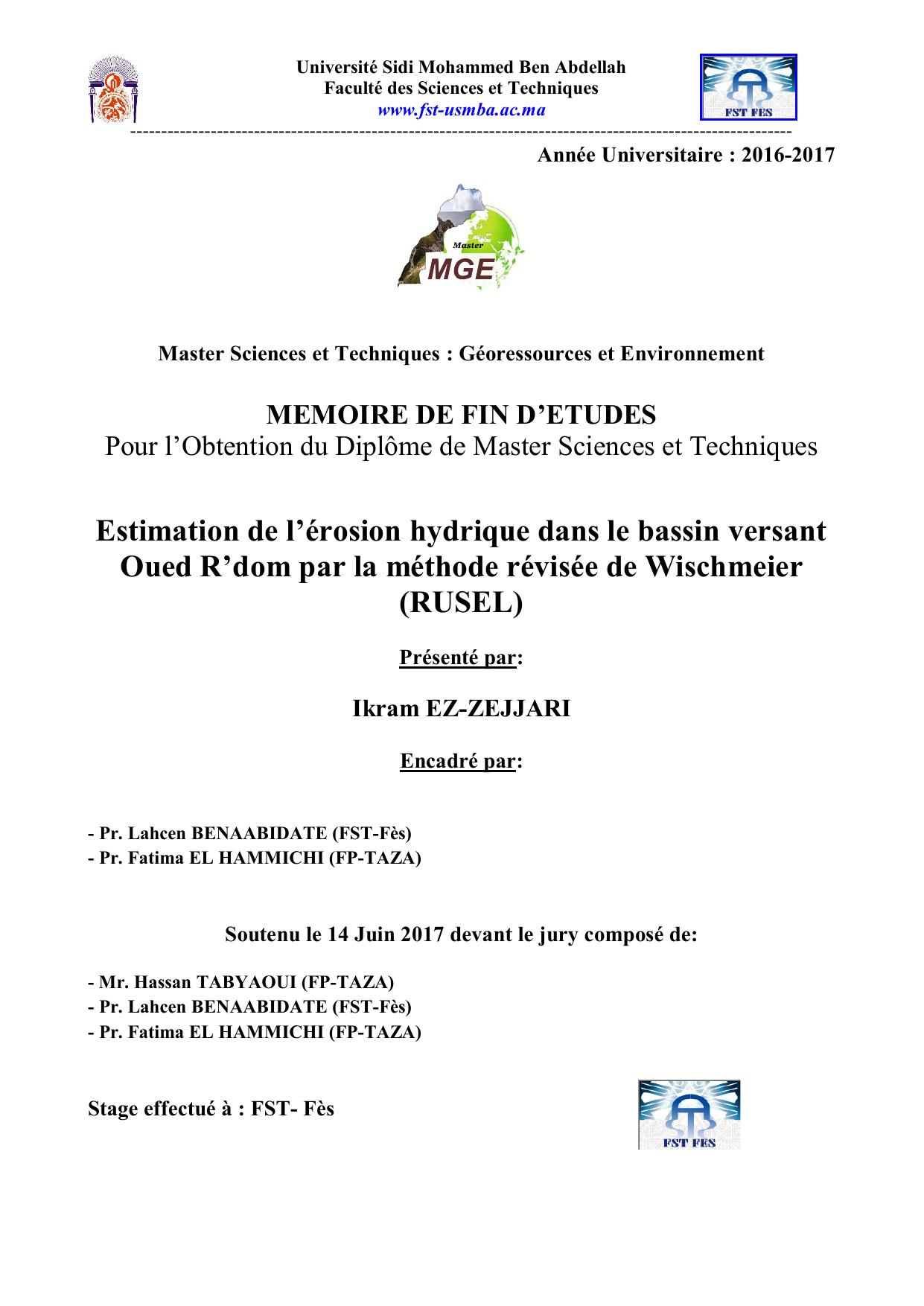 Estimation de l’érosion hydrique dans le bassin versant Oued R’dom par la méthode révisée de Wischmeier (RUSEL)