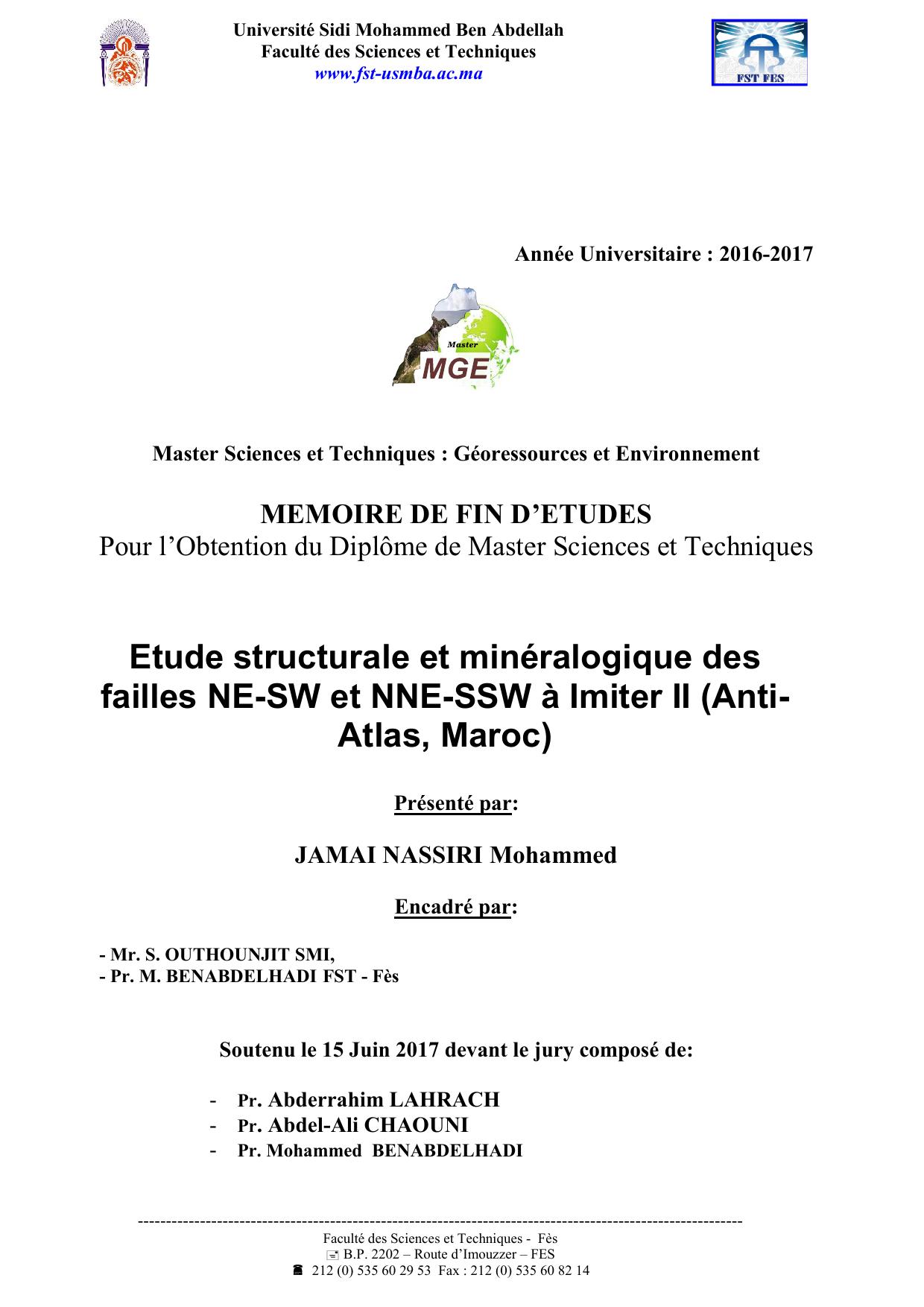 Etude structurale et minéralogique des failles NE-SW et NNE-SSW à Imiter II (Anti- Atlas, Maroc)