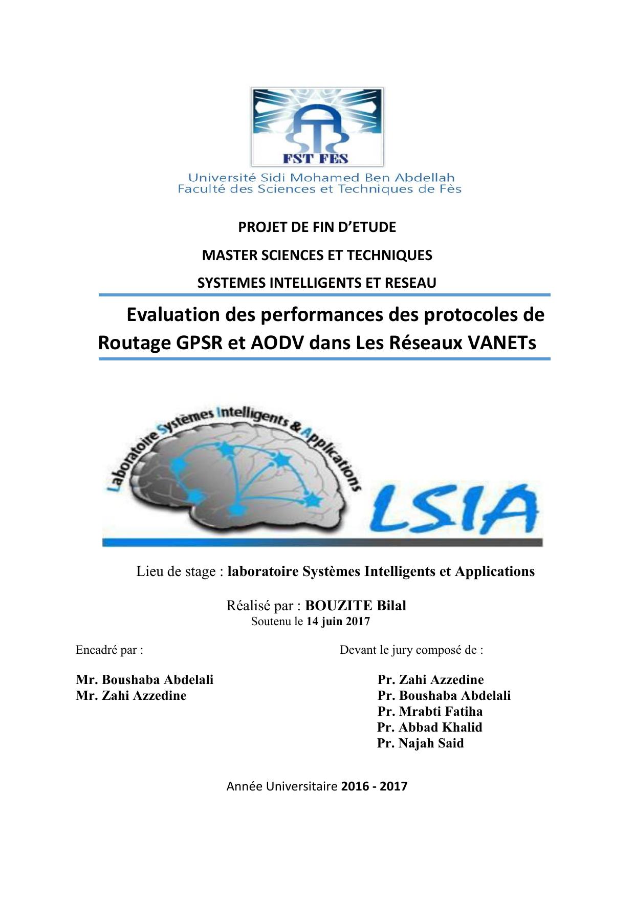 Evaluation des performances des protocoles de Routage GPSR et AODV dans Les Réseaux VANETs