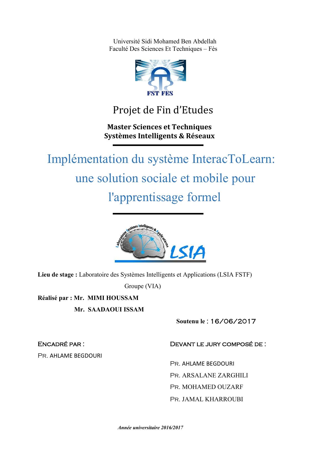 Implémentation du système InteracToLearn: une solution sociale et mobile pour l'apprentissage formel