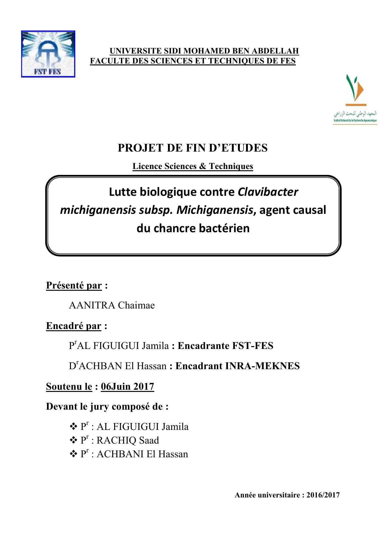 Lutte biologique contre Clavibacter michiganensis subsp. Michiganensis, agent causal du chancre bactérien