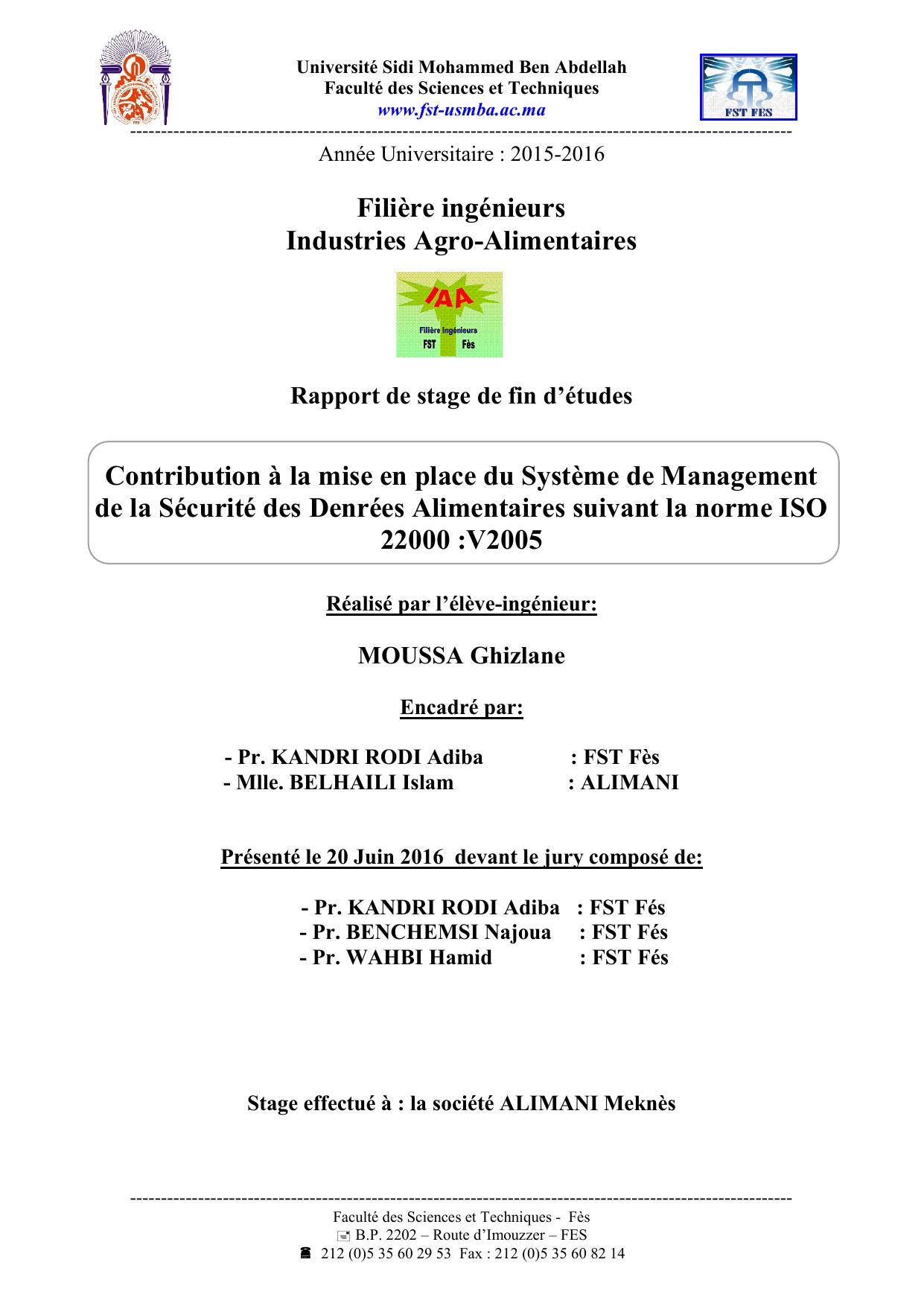 Contribution à la mise en place du Système de Management de la Sécurité des Denrées Alimentaires suivant la norme ISO 22000 :V2005