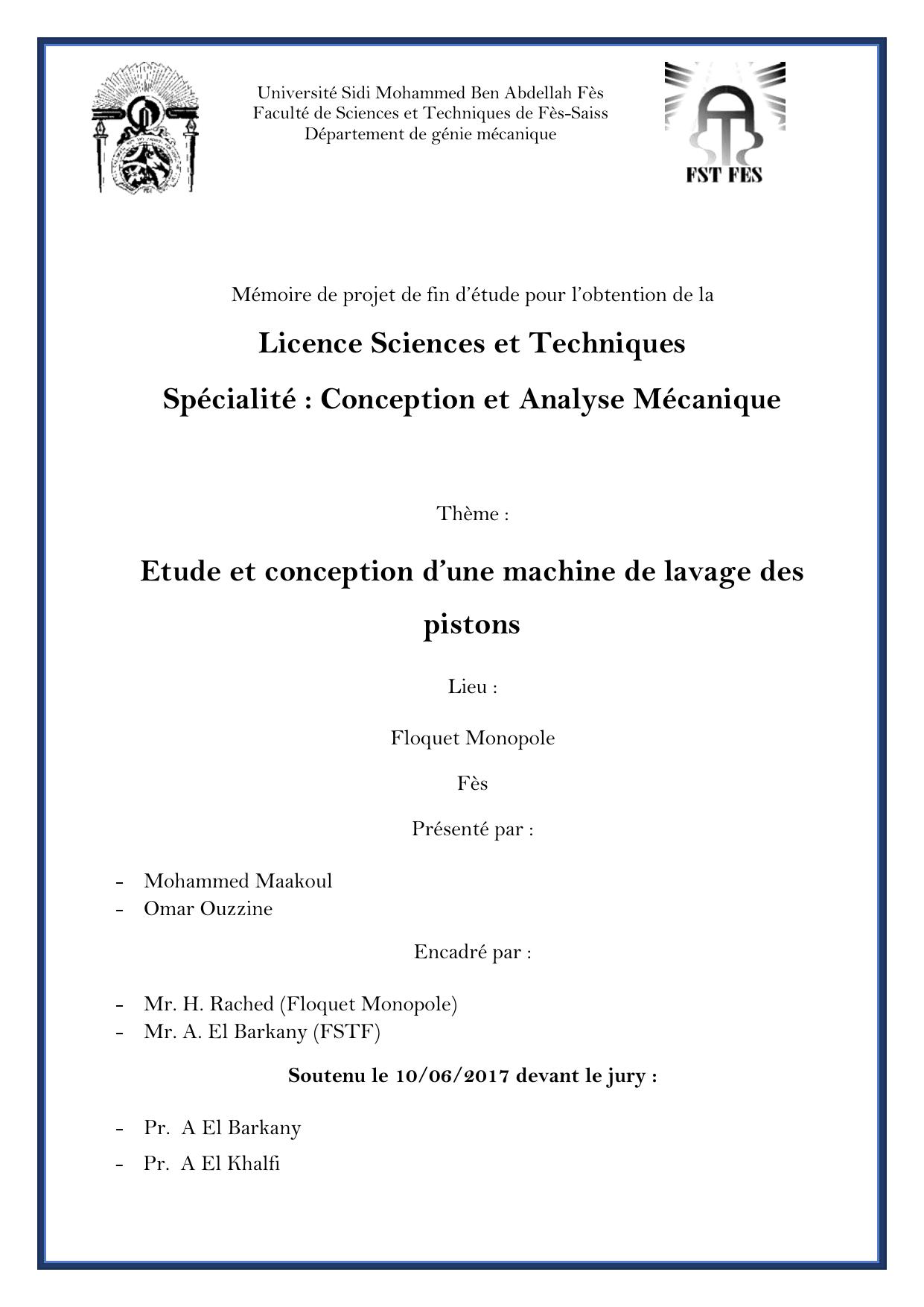 Etude et conception d’une machine de lavage des pistons