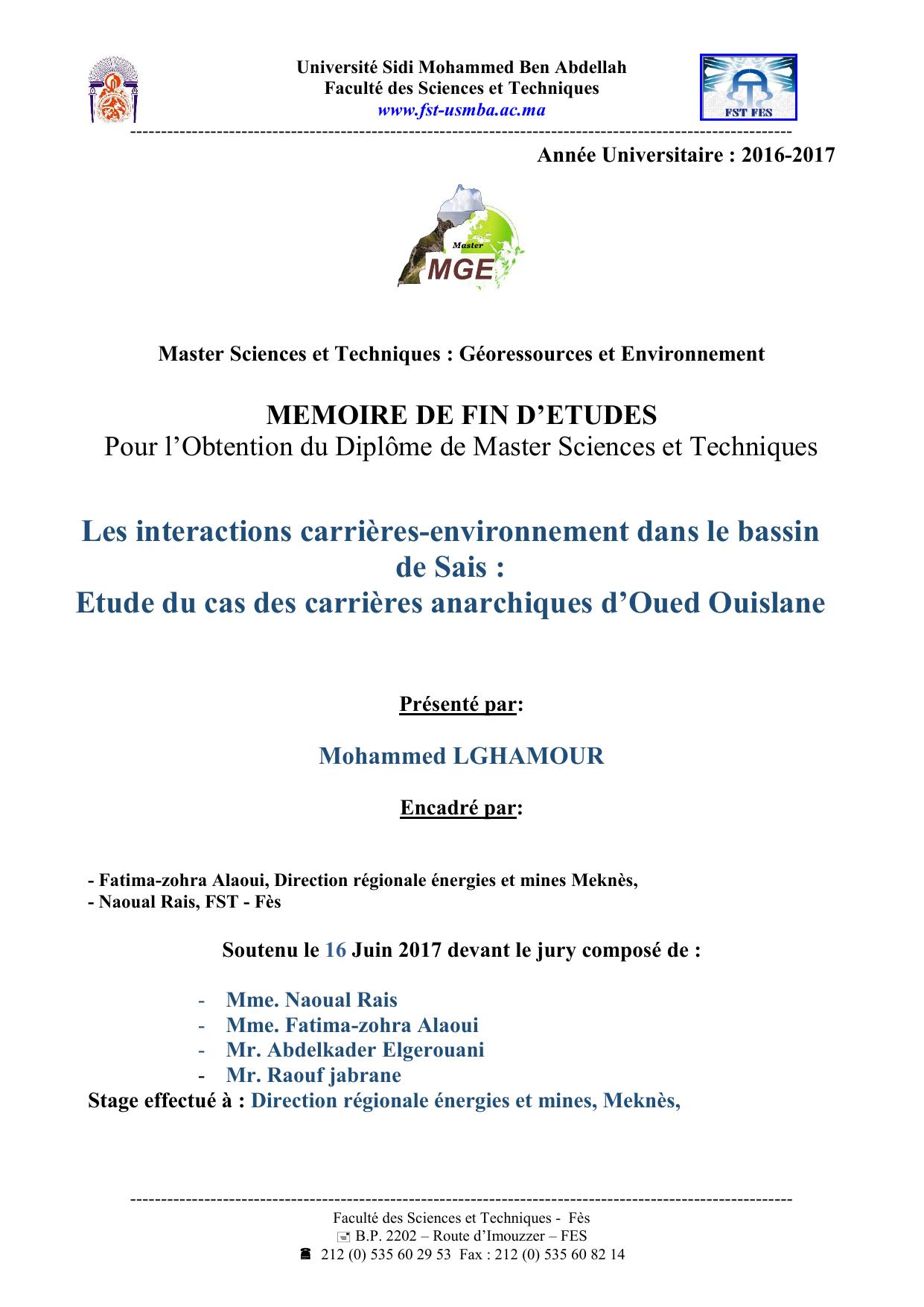 Les interactions carrières-environnement dans le bassin de Sais : Etude du cas des carrières anarchiques d’Oued Ouislane