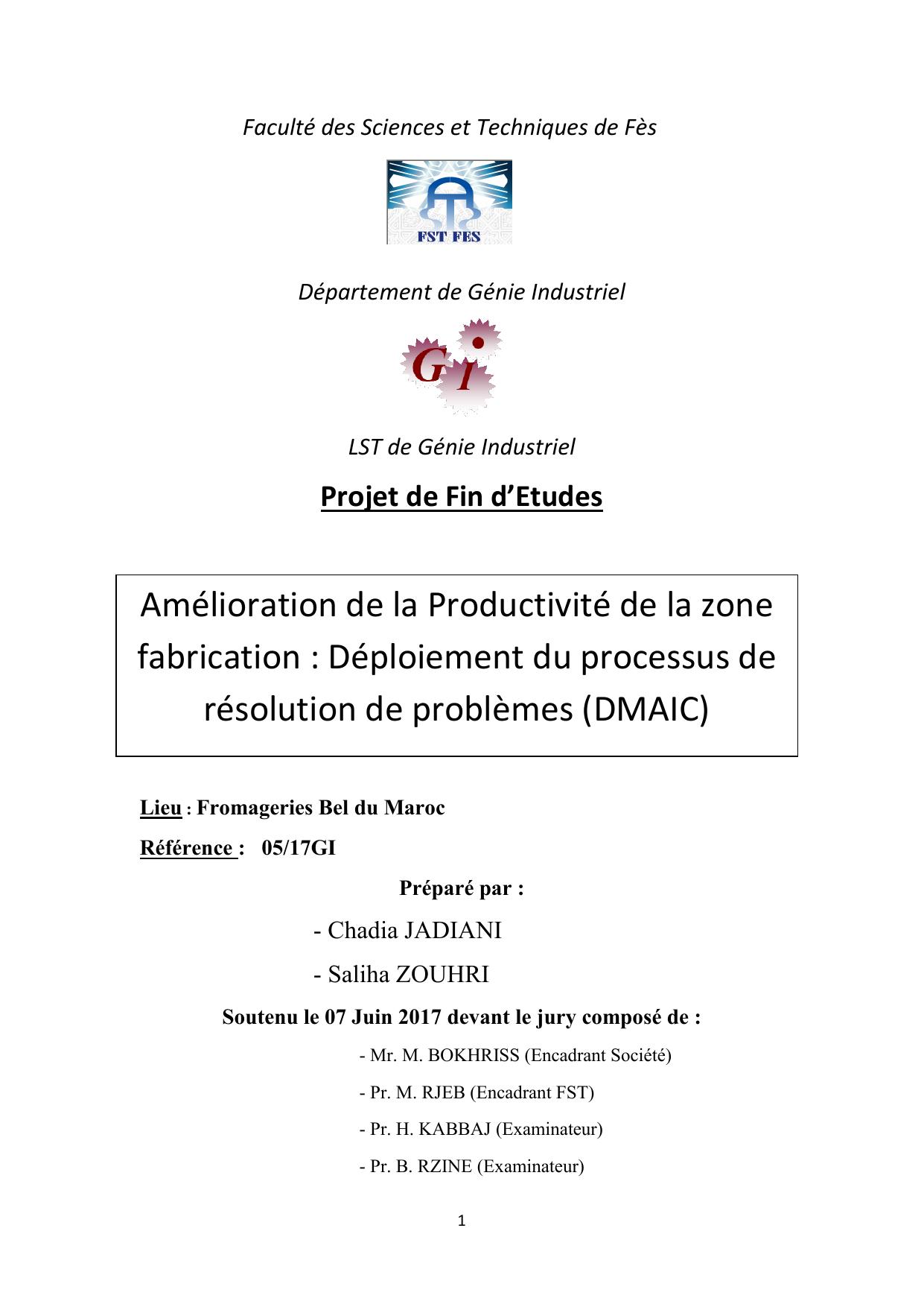 Amélioration de la Productivité de la zone fabrication : Déploiement du processus de résolution de problèmes (DMAIC)