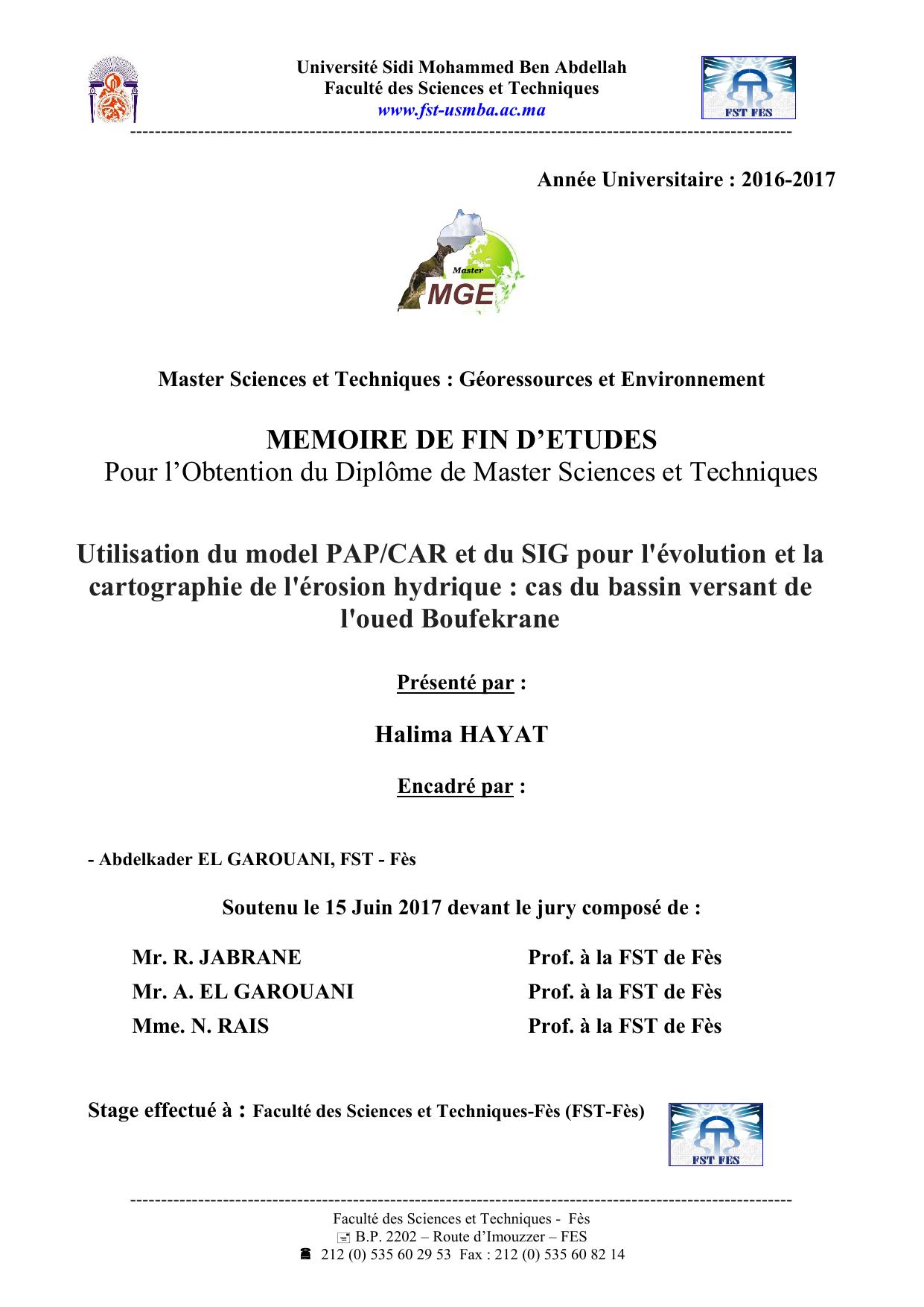 Utilisation du model PAP/CAR et du SIG pour l'évolution et la cartographie de l'érosion hydrique : cas du bassin versant de l'oued Boufekrane