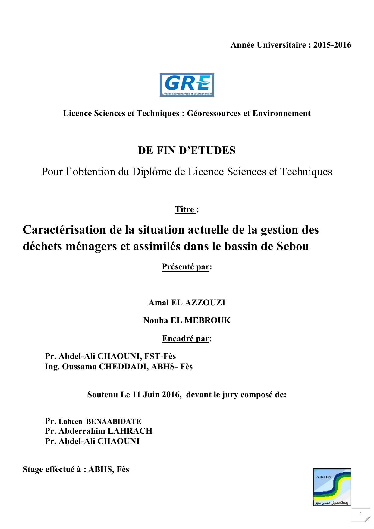 Caractérisation de la situation actuelle de la gestion des déchets ménagers et assimilés dans le bassin de Sebou