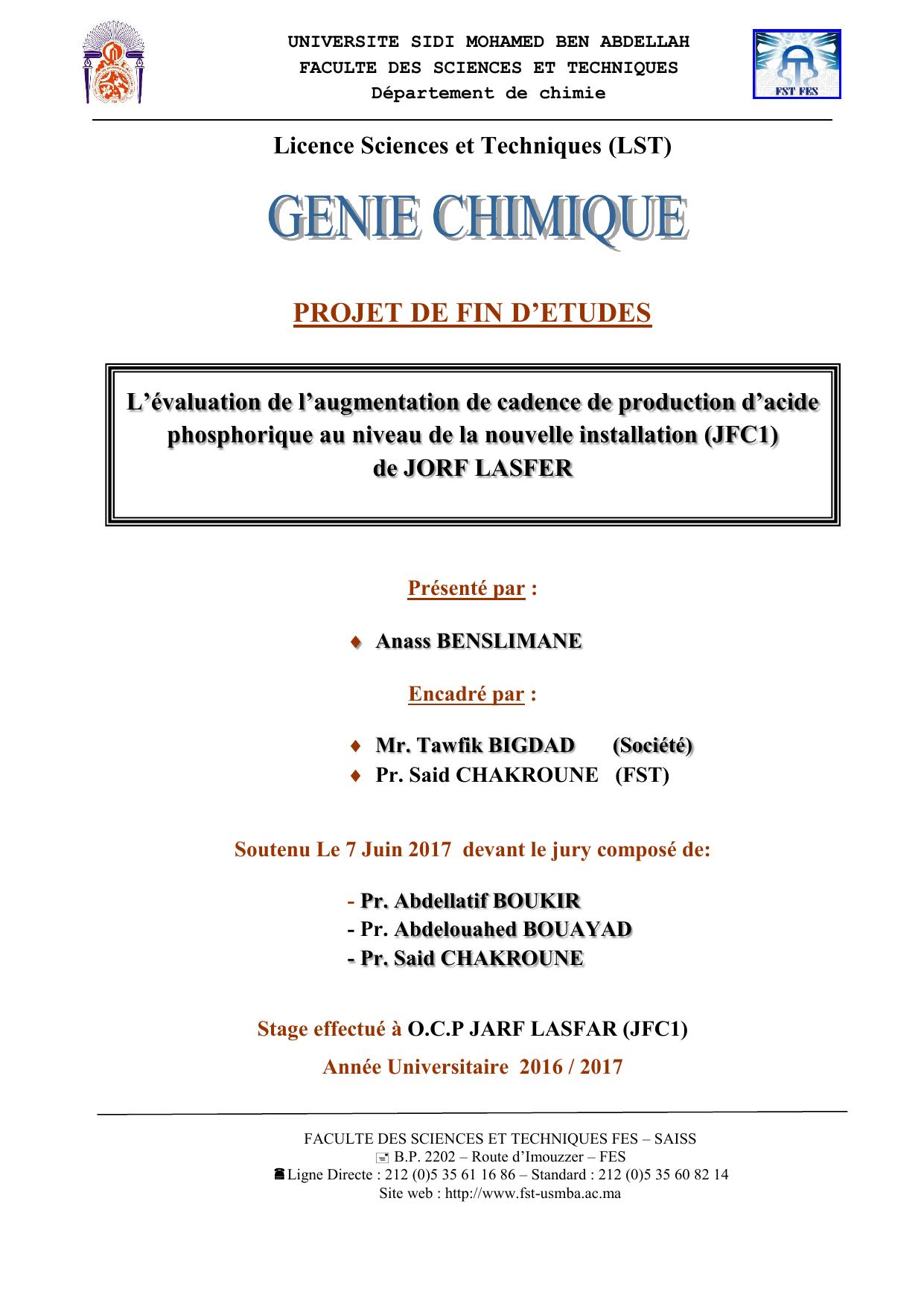 L’évaluation de l’augmentation de cadence de production d’acide phosphorique au niveau de la nouvelle installation (JFC1) de JORF LASFER