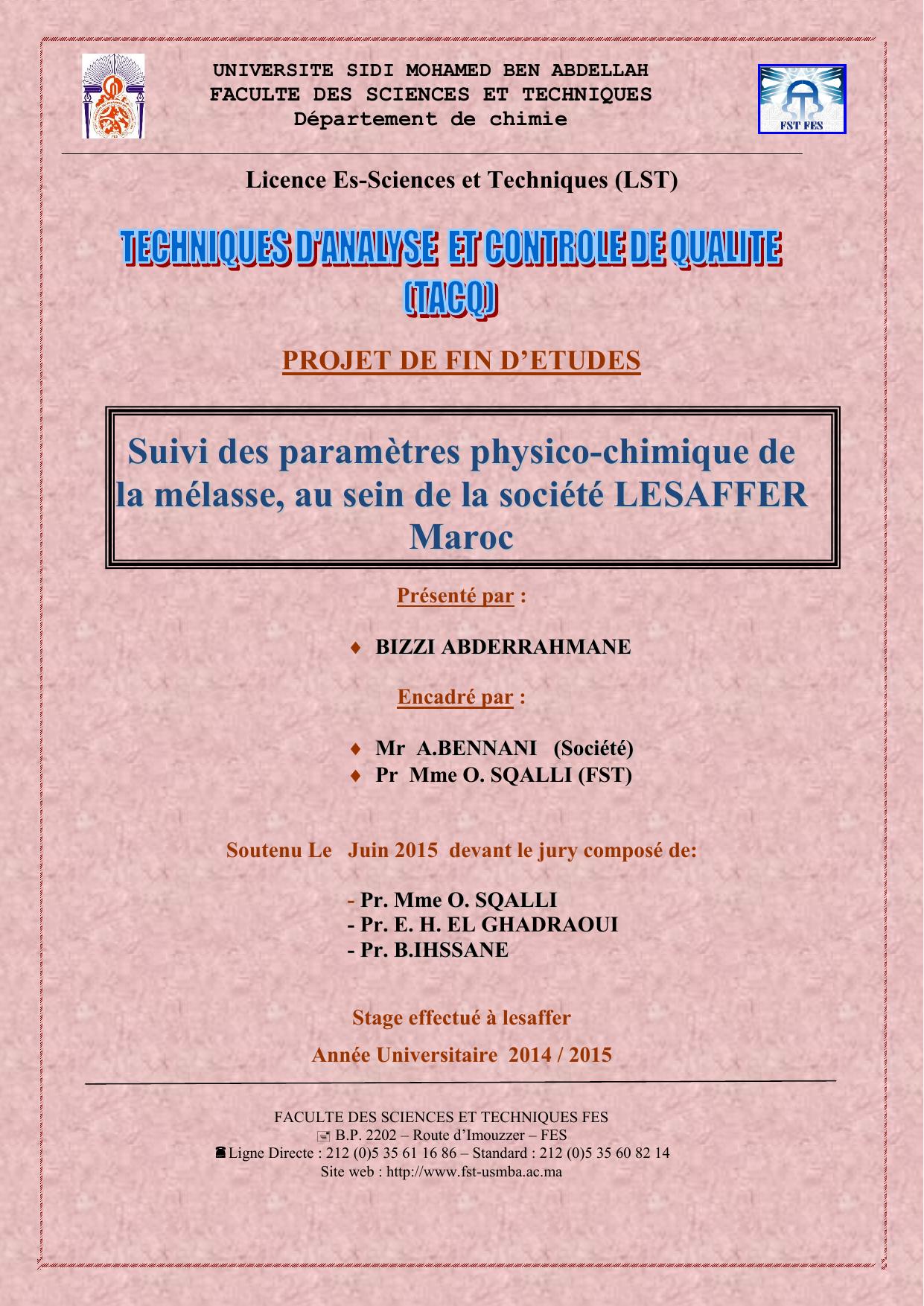 Suiivii des paramètres physiico-chiimiique de lla méllasse,, au seiin de lla sociiété LESAFFER Maroc