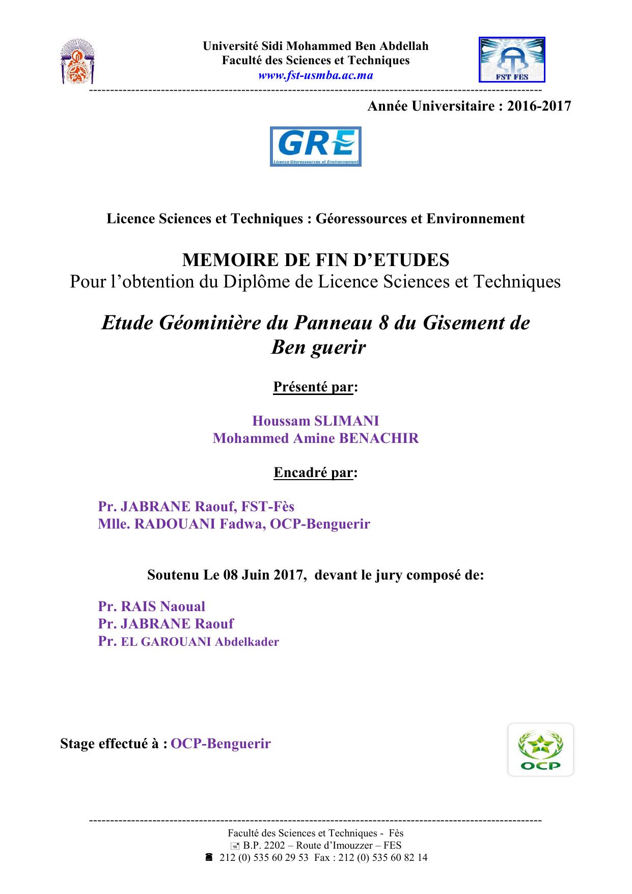 Etude Géominière du Panneau 8 du Gisement de Ben guerir