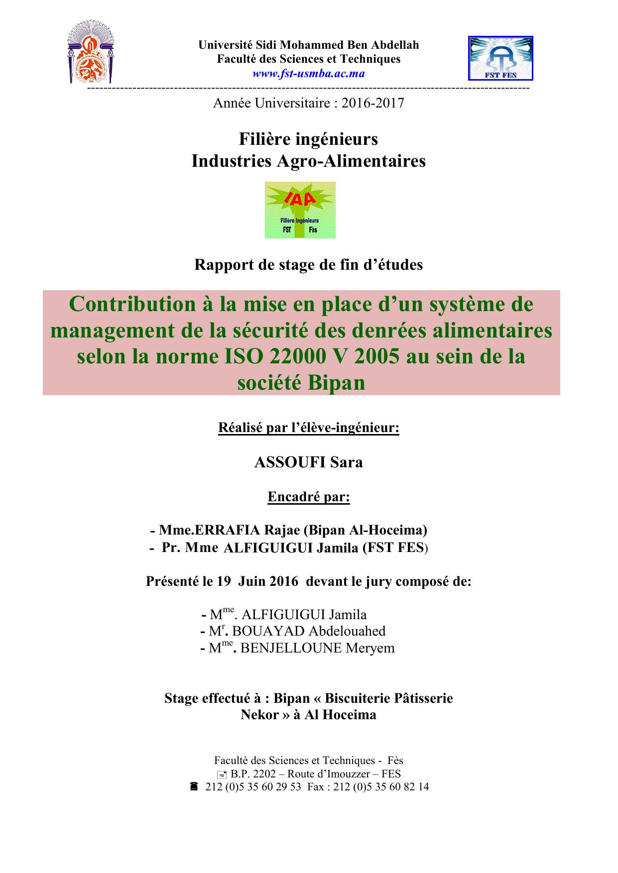 Contribution à la mise en place d’un système de management de la sécurité des denrées alimentaires selon la norme ISO 22000 V 2005 au sein de la société Bipan