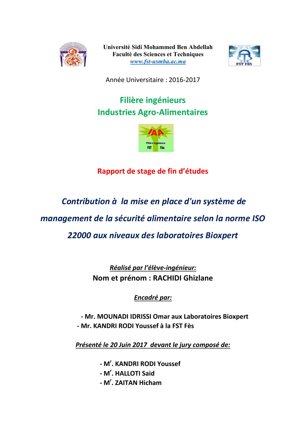 Contribution à la mise en place d'un système de management de la sécurité alimentaire selon la norme ISO 22000 aux niveaux des laboratoires Bioxpert