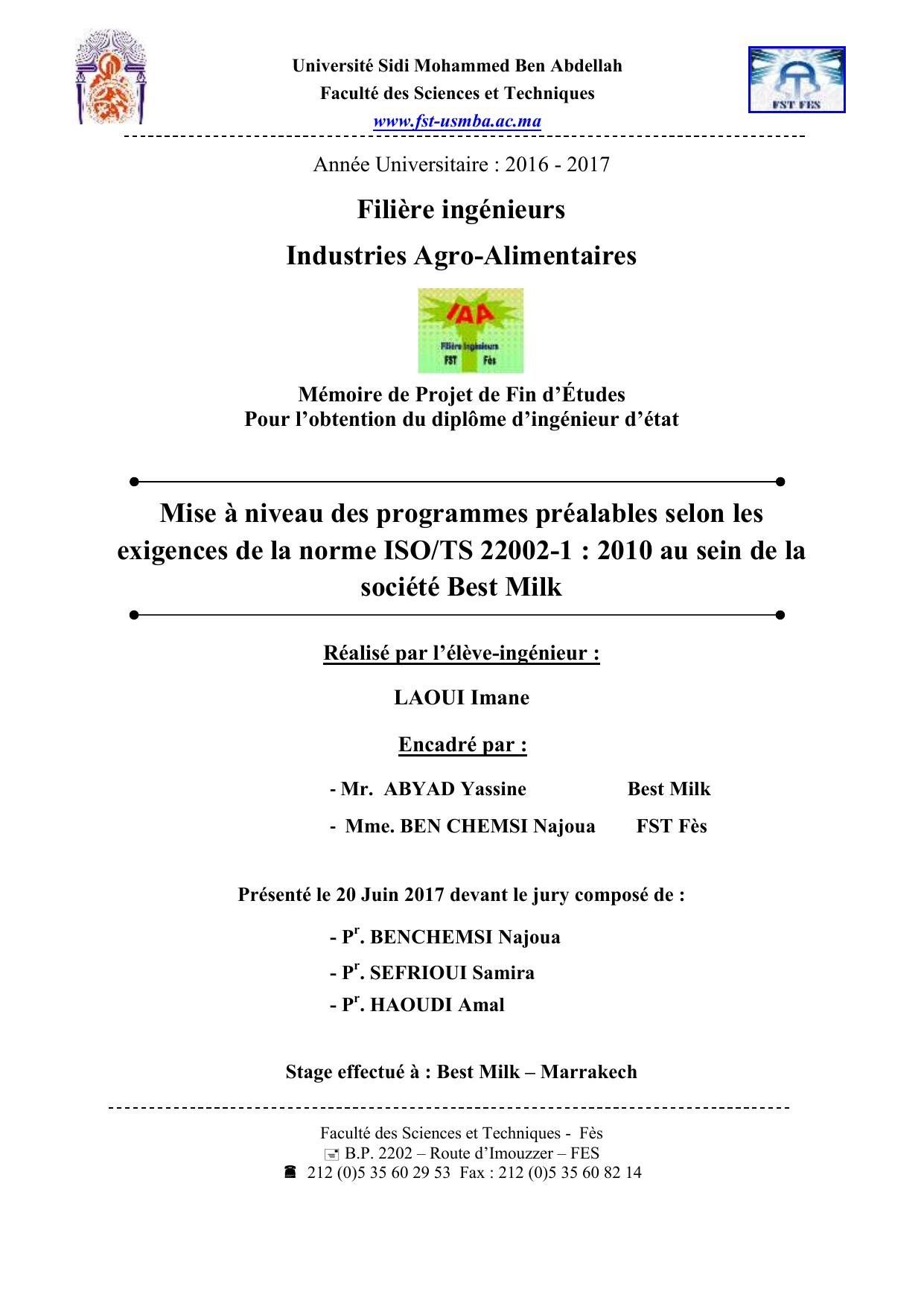 Mise à niveau des programmes préalables selon les exigences de la norme ISO/TS 22002-1 : 2010 au sein de la société Best Milk